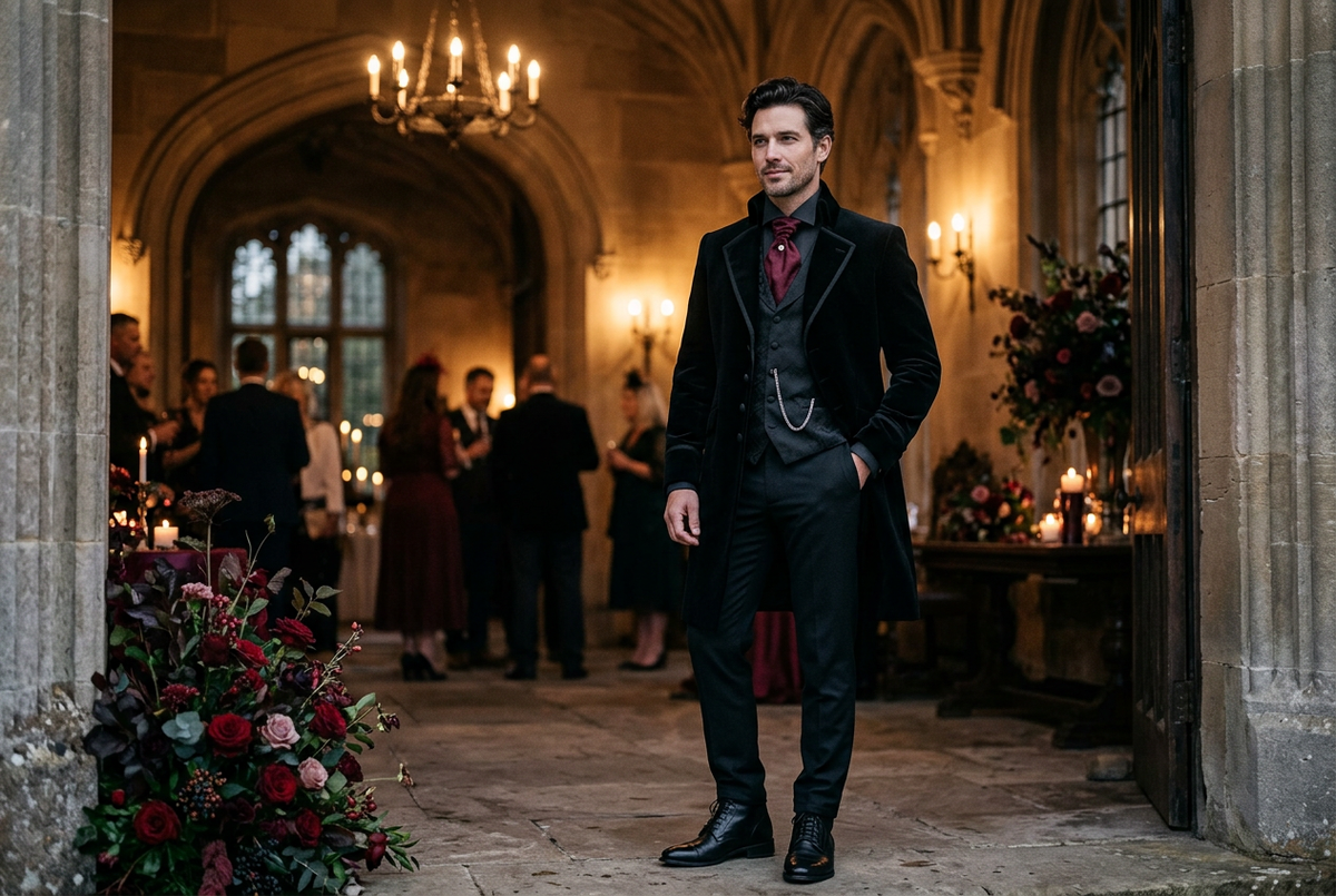 Man wearing a black gothic wedding guest outfit with a burgundy cravat in a candlelit historic manor.
