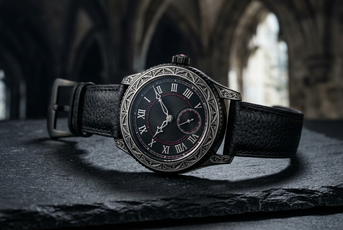 Gothic-style black wristwatch with ornate silver detailing and a black leather strap