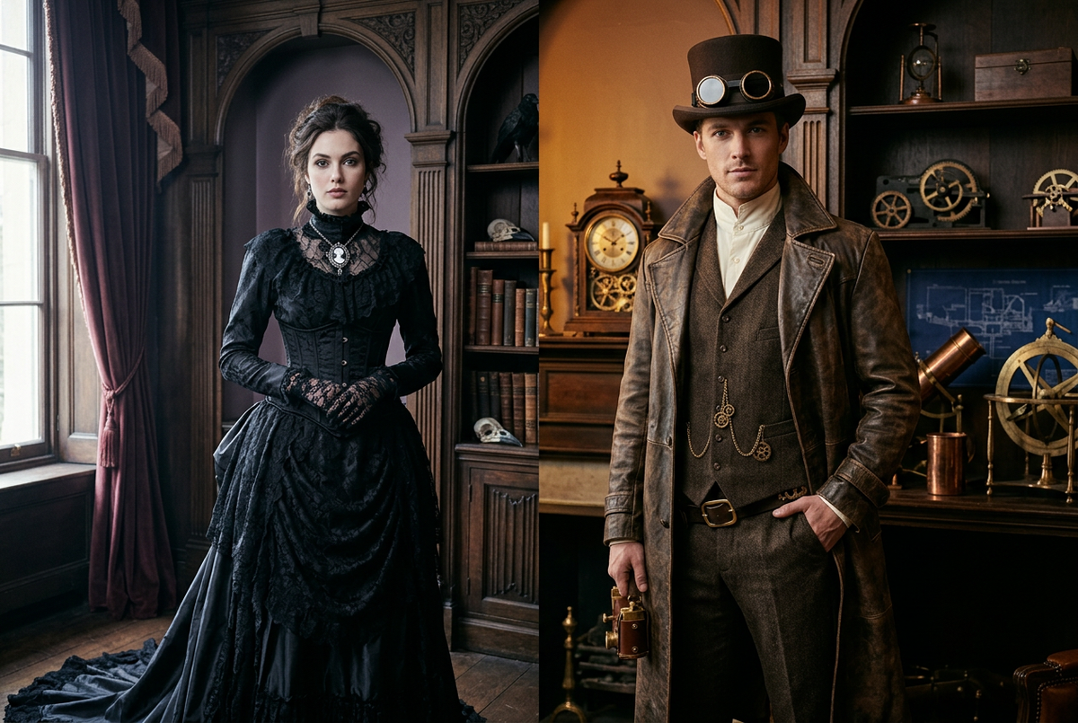 Victorian Goth and Steampunk fashion styled side by side.