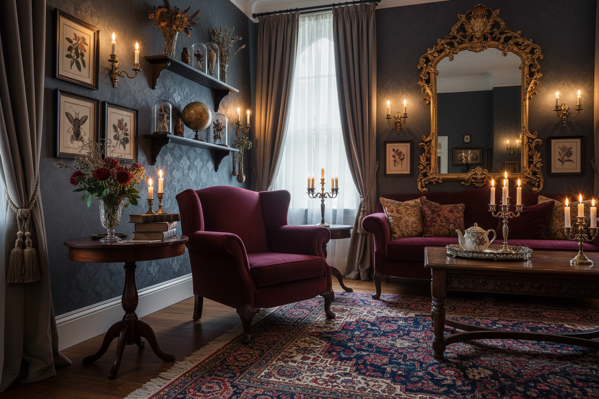 Elegant Victorian Gothic sitting room with a burgundy velvet armchair, carved dark wood furniture, antique mirror, and warm candlelight.