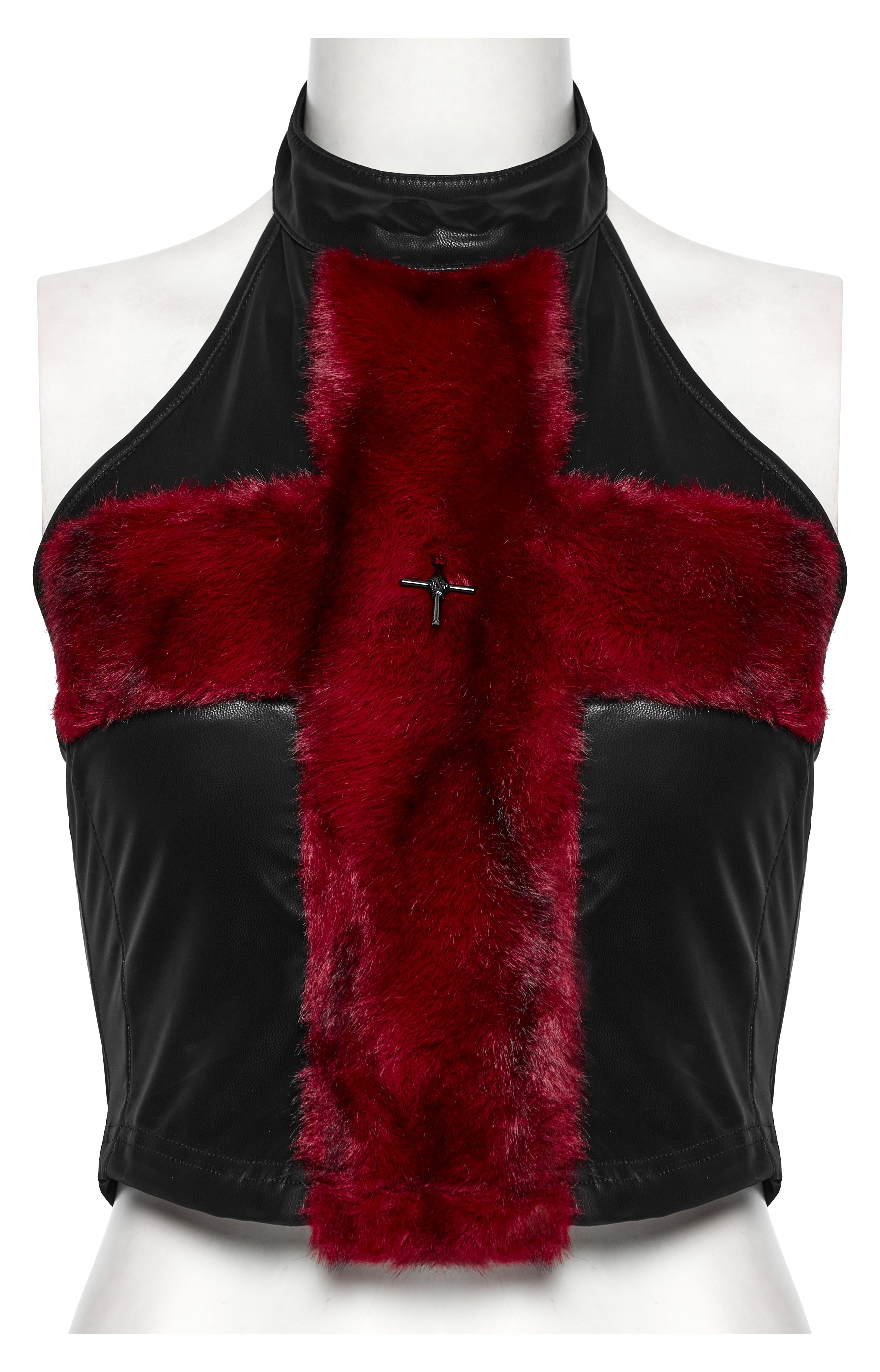 Punk Rave Valora Cross Fur Halter Top In Crimson - DevilGothic DevilGothic