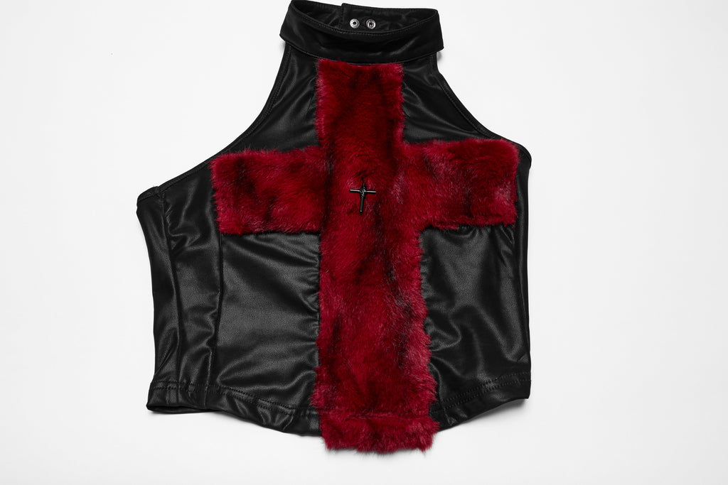 Punk Rave Valora Cross Fur Halter Top In Crimson - DevilGothic DevilGothic