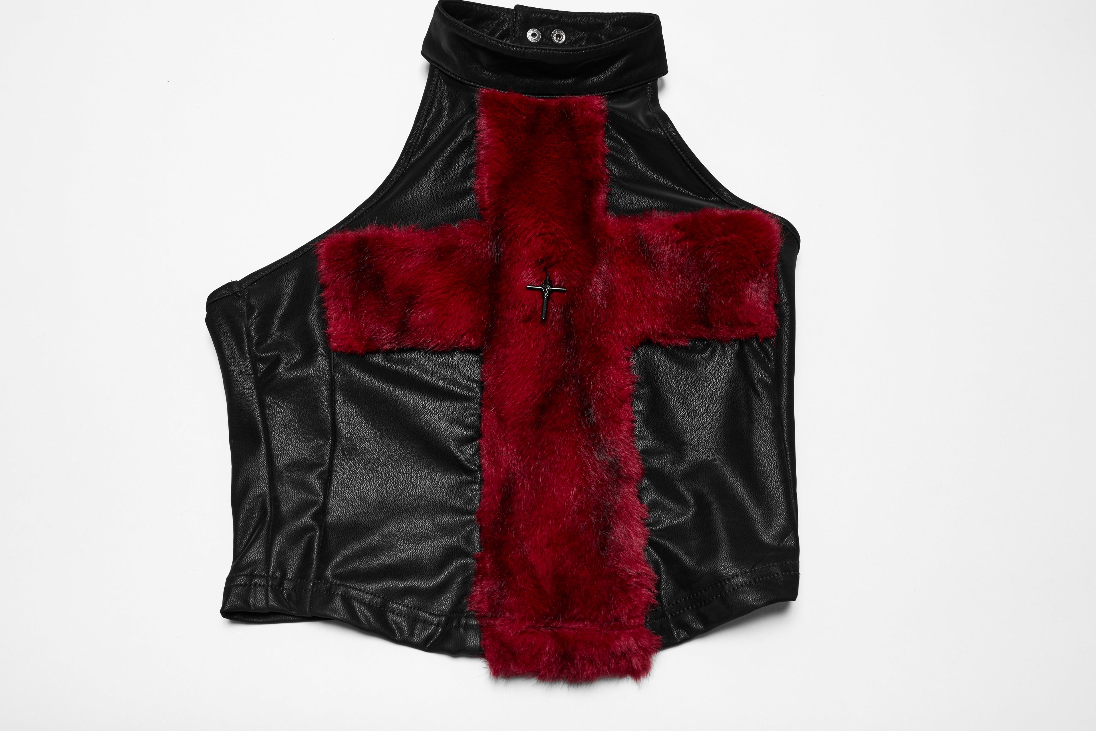 Punk Rave Valora Cross Fur Halter Top In Crimson - DevilGothic DevilGothic