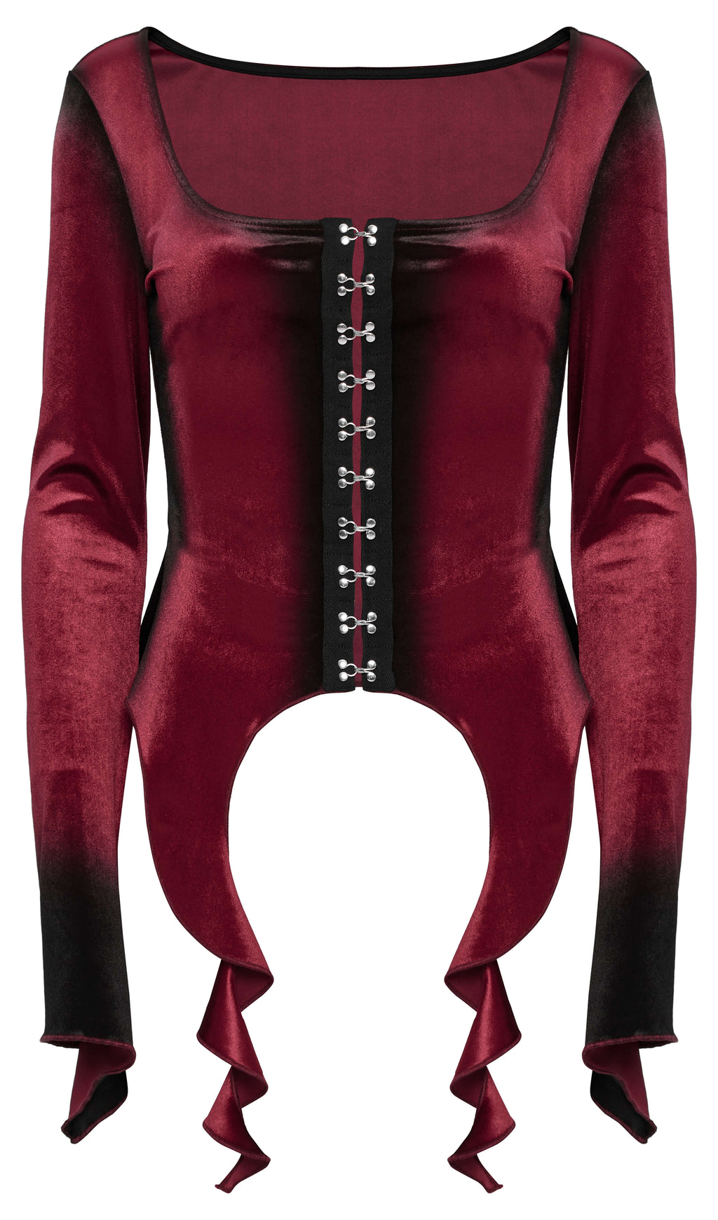 Punk Rave Leticia Burgundy Gradient Velvet Top with Feature Hooks and Eyes - DevilGothic DevilGothic