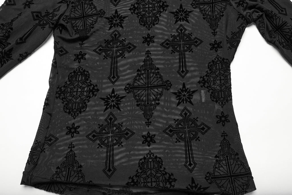 Punk Rave Ravena Cross Flocking Mesh Top - DevilGothic DevilGothic