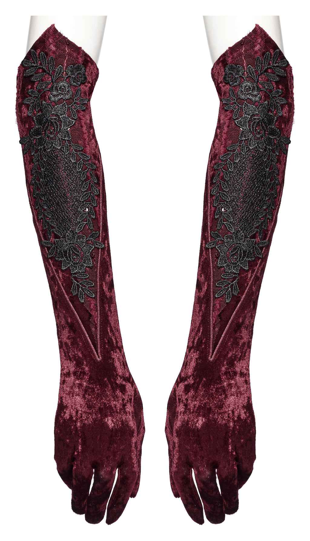 Punk Rave Selene Embroidered Velvet Gloves in Crimson - DevilGothic DevilGothic