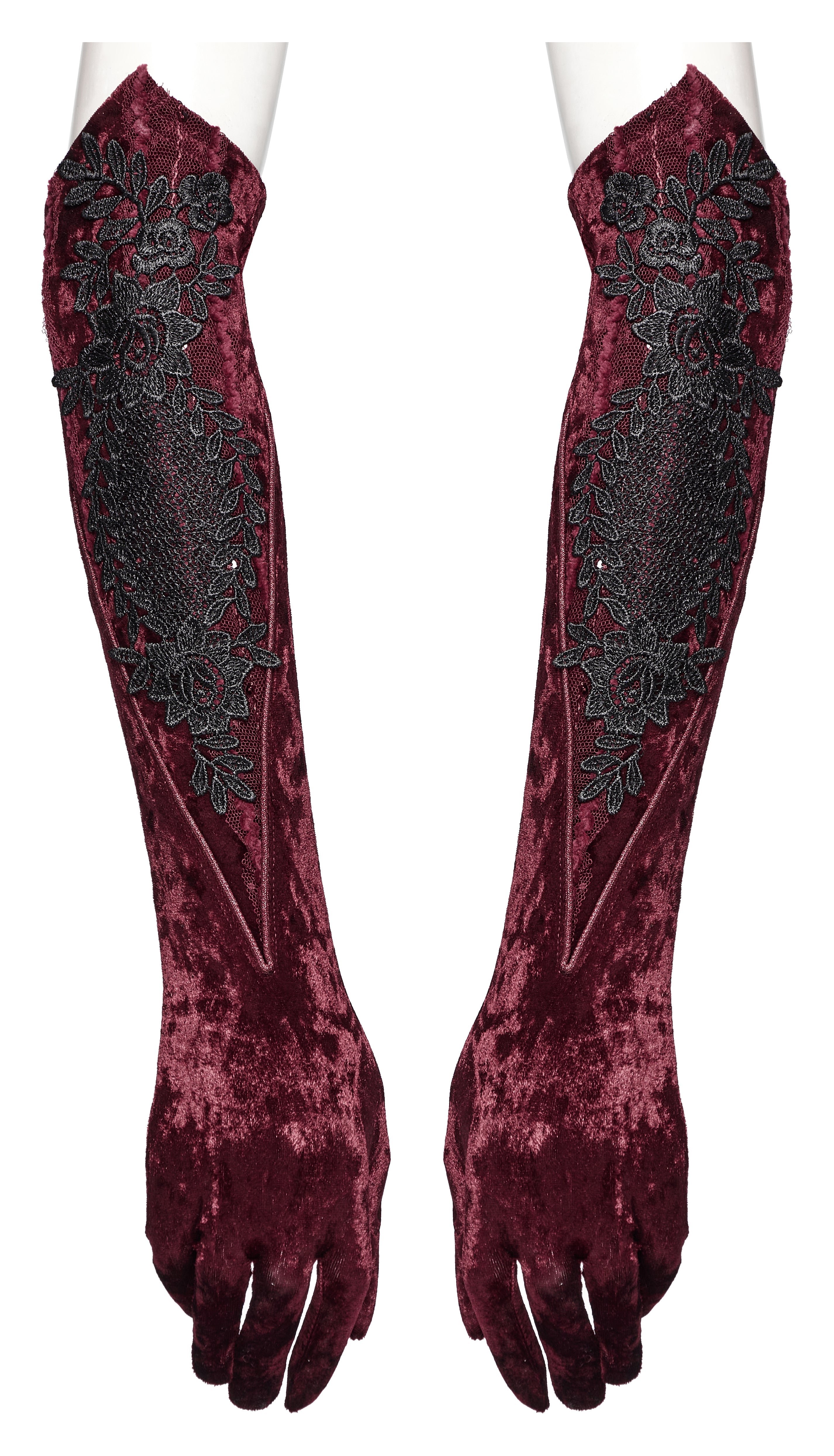 Punk Rave Selene Embroidered Velvet Gloves in Crimson - DevilGothic DevilGothic