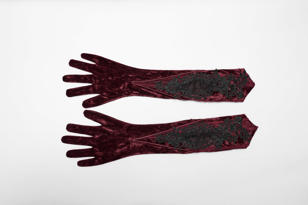Punk Rave Selene Embroidered Velvet Gloves in Crimson - DevilGothic DevilGothic