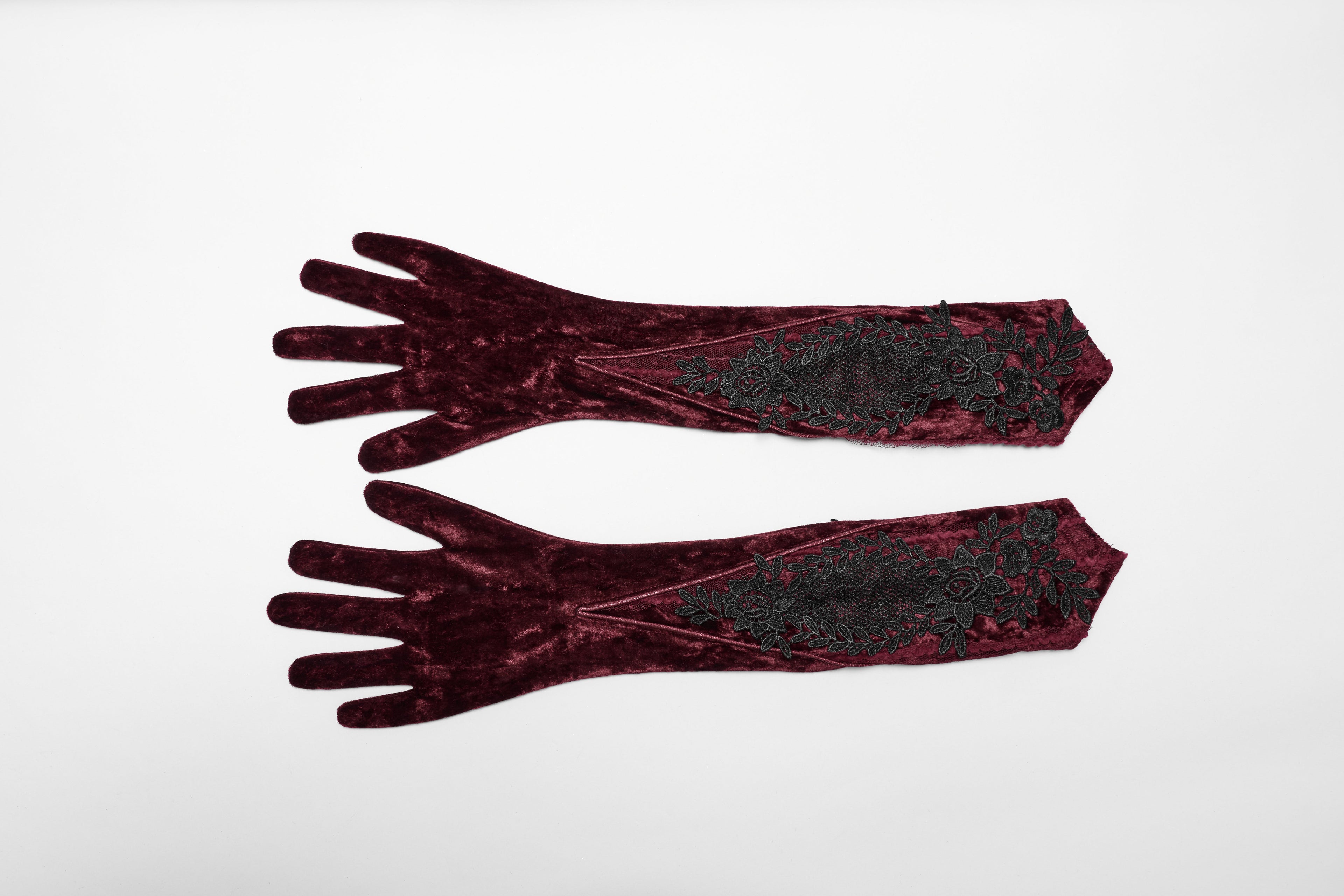 Punk Rave Selene Embroidered Velvet Gloves in Crimson - DevilGothic DevilGothic