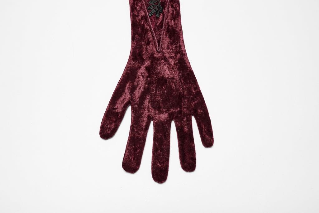 Punk Rave Selene Embroidered Velvet Gloves in Crimson - DevilGothic DevilGothic