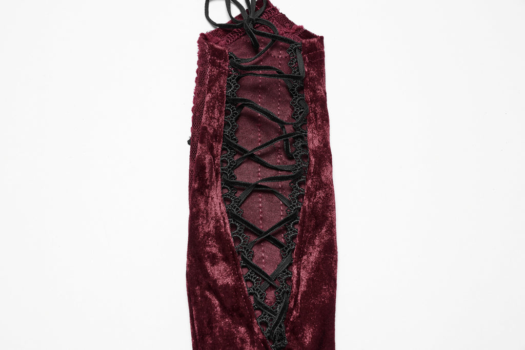 Punk Rave Selene Embroidered Velvet Gloves in Crimson - DevilGothic DevilGothic