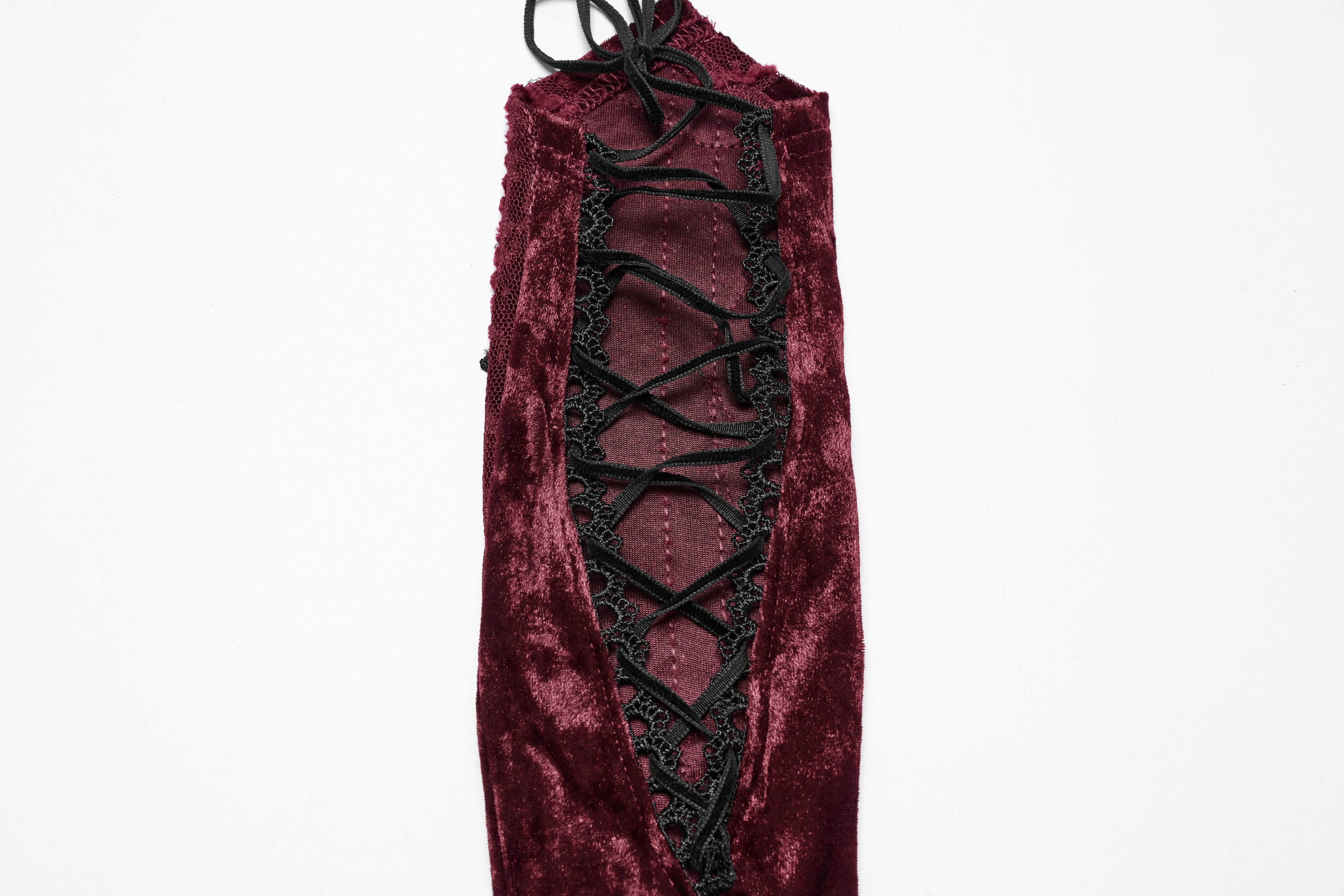 Punk Rave Selene Embroidered Velvet Gloves in Crimson - DevilGothic DevilGothic