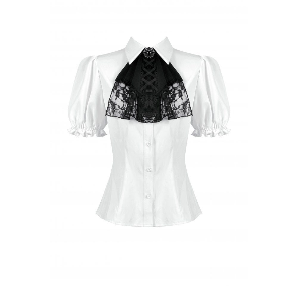 Dark in Love Elysia Ruffle Bib Puff Sleeve Goth Blouse in White - DevilGothic DevilGothic