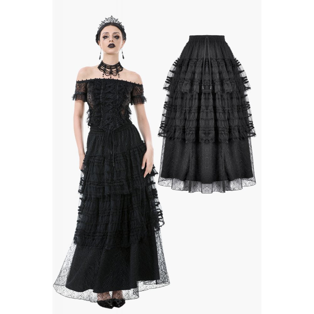 Dark in Love Morticia Gothic Velvet & Lace Skirt in Black - DevilGothic DevilGothic