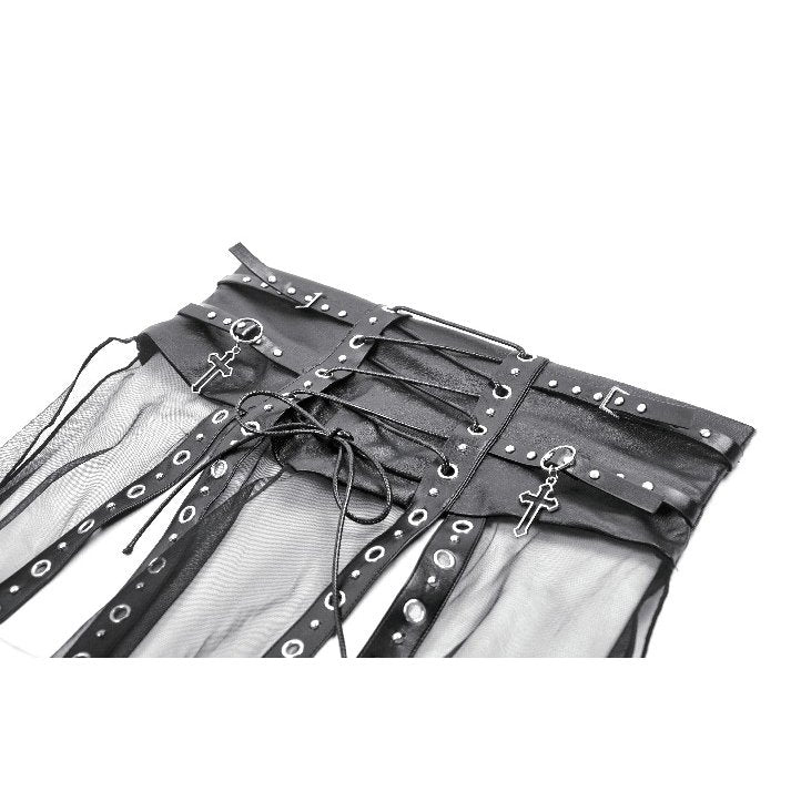 Dark in Love Gothic Sheer Mesh Maxi Skirt with PU Waist Corset - DevilGothic DevilGothic