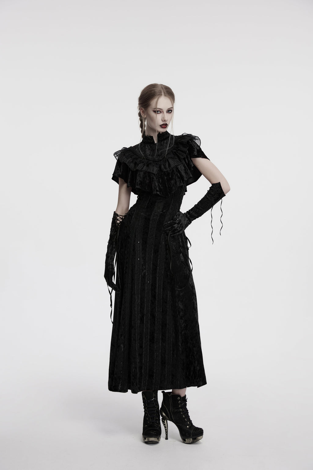 Punk Rave Elysia Velvet Ruffle Goth Shawl In Black - DevilGothic DevilGothic