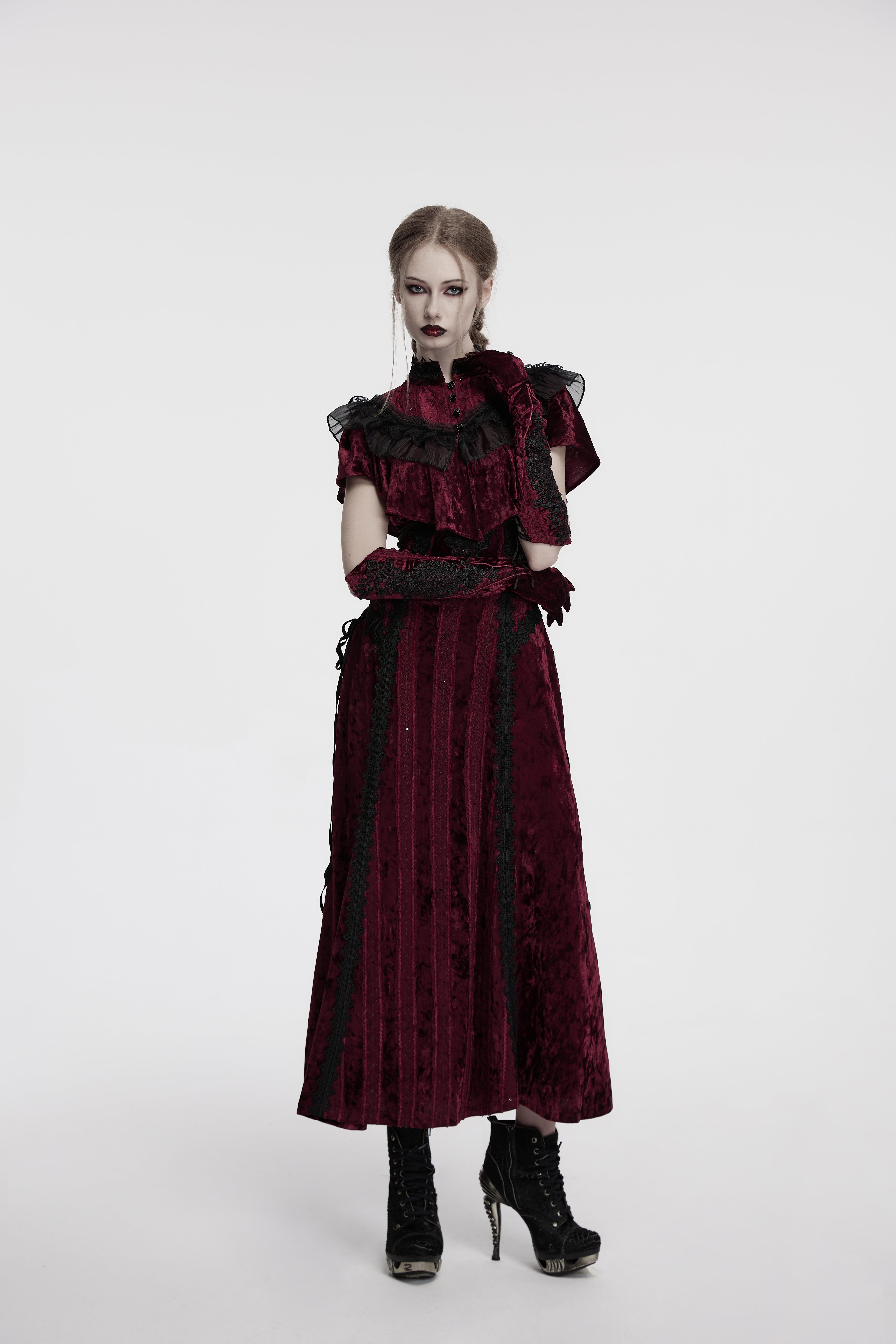 Punk Rave Selene Embroidered Velvet Gloves in Crimson - DevilGothic DevilGothic