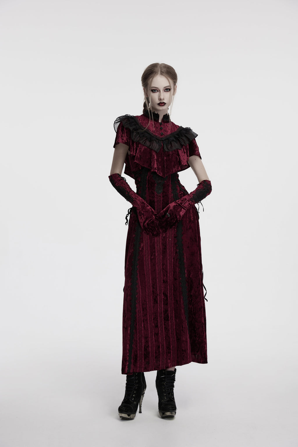 Punk Rave Selene Embroidered Velvet Gloves in Crimson - DevilGothic DevilGothic