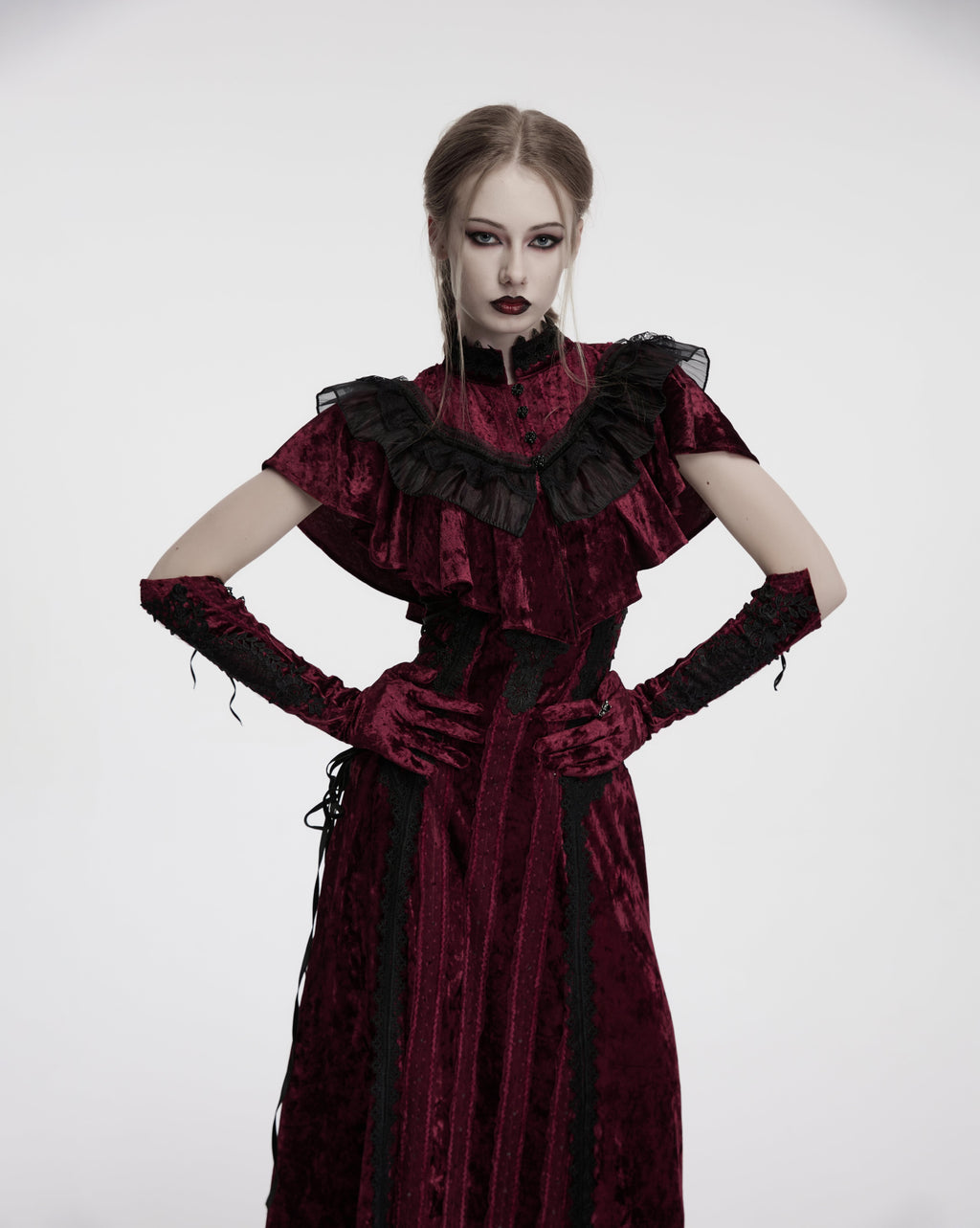Punk Rave Selene Embroidered Velvet Gloves in Crimson - DevilGothic DevilGothic