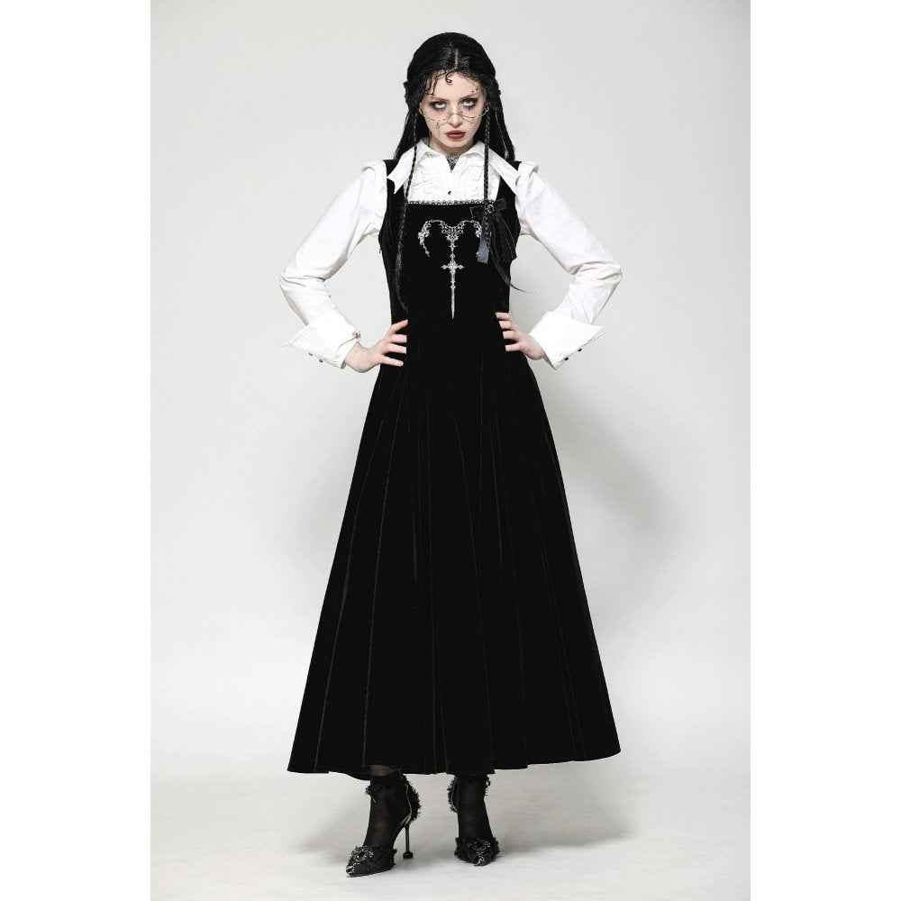 Dark in Love Lux Black Velvet Horn Embroidery Maxi Dress