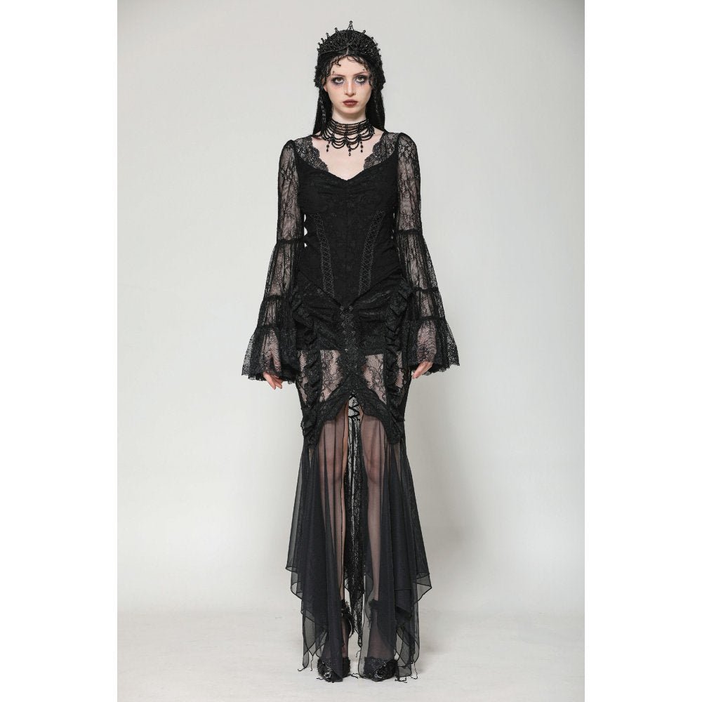 Dark in Love Zuri Gothic Romantic Lace Patchwork Bell-Sleeve Layered Cuff Top - DevilGothic DevilGothic