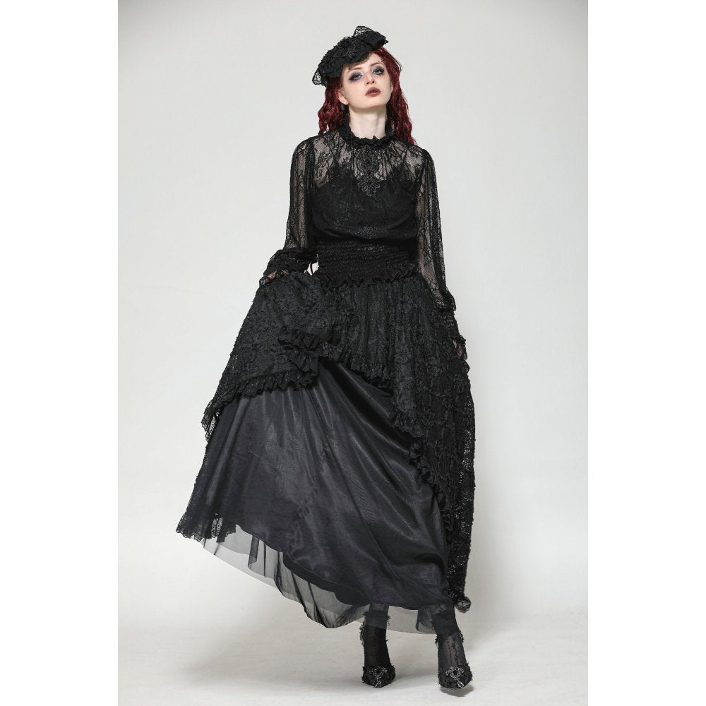Dark in Love Aoife Black Hollow Lace Elastic Pleated Waist Eyelash Lace Cuff Top - DevilGothic DevilGothic