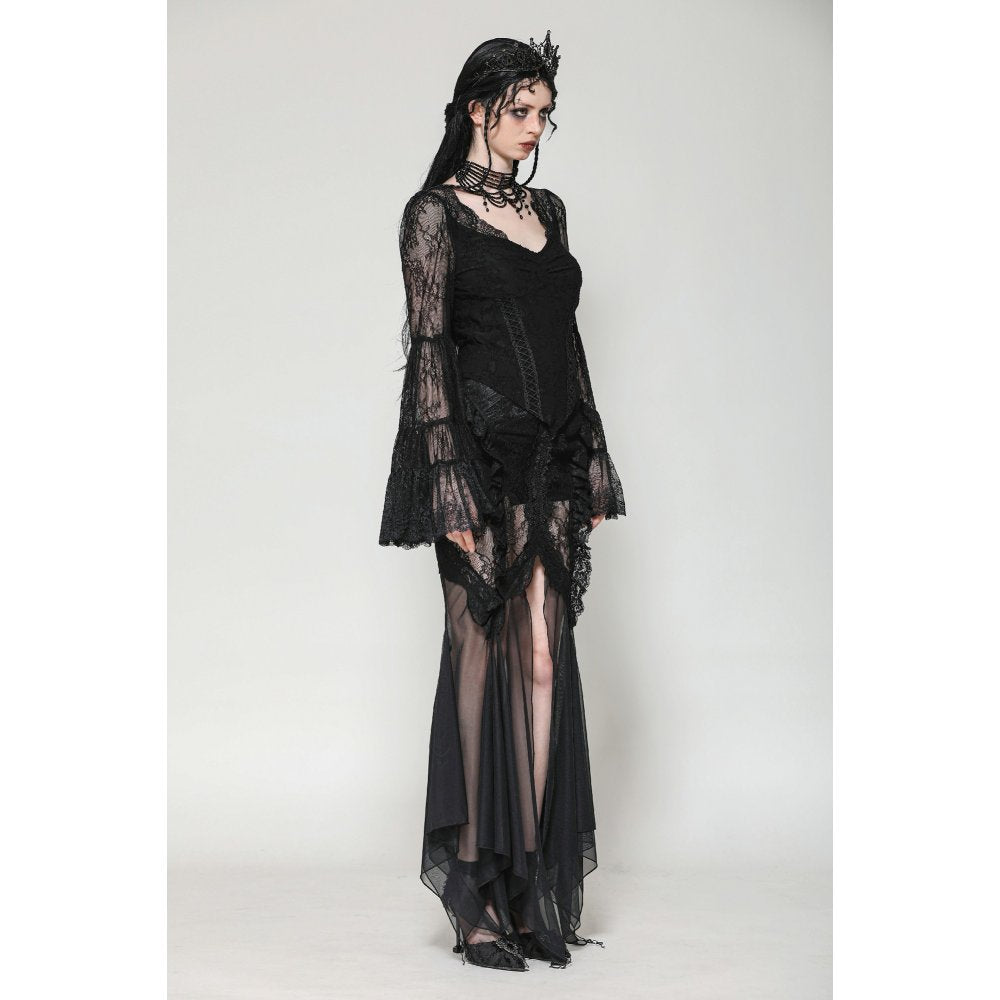 Dark in Love Zuri Gothic Romantic Lace Patchwork Bell-Sleeve Layered Cuff Top - DevilGothic DevilGothic