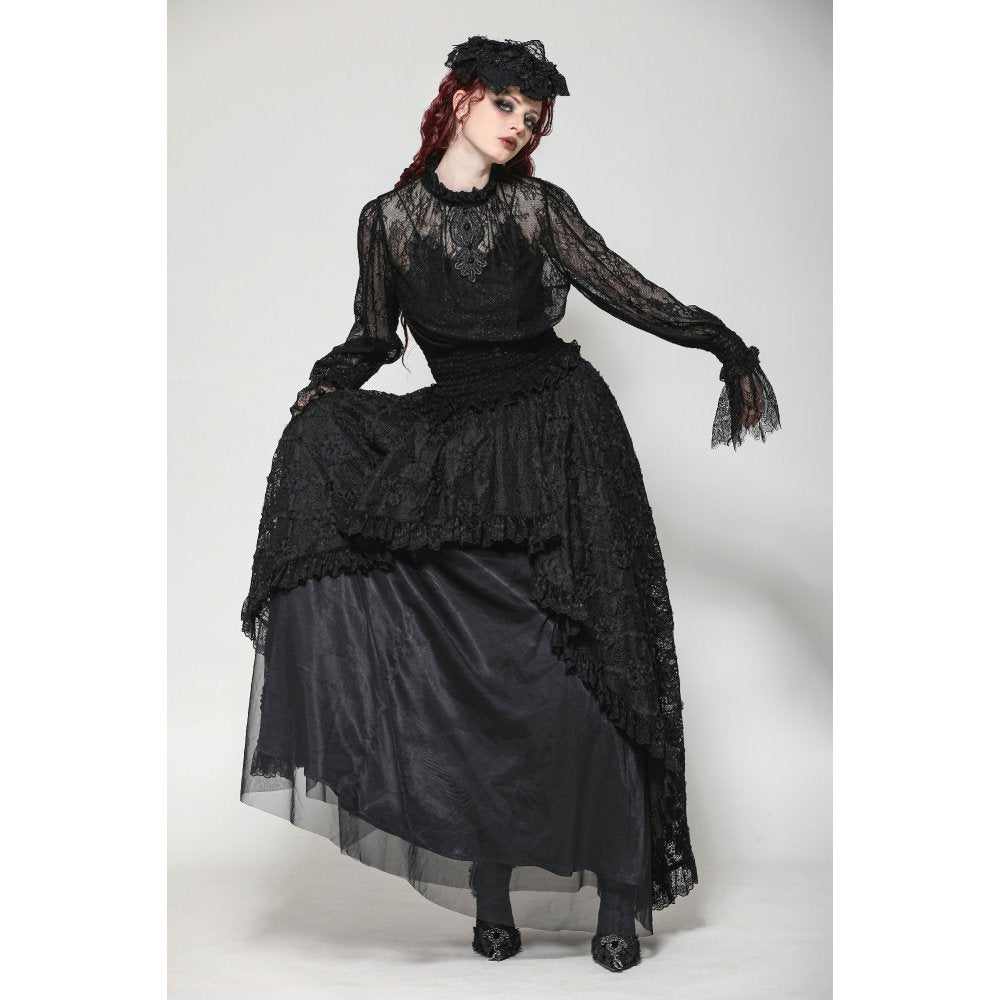 Dark in Love Aoife Black Hollow Lace Elastic Pleated Waist Eyelash Lace Cuff Top - DevilGothic DevilGothic