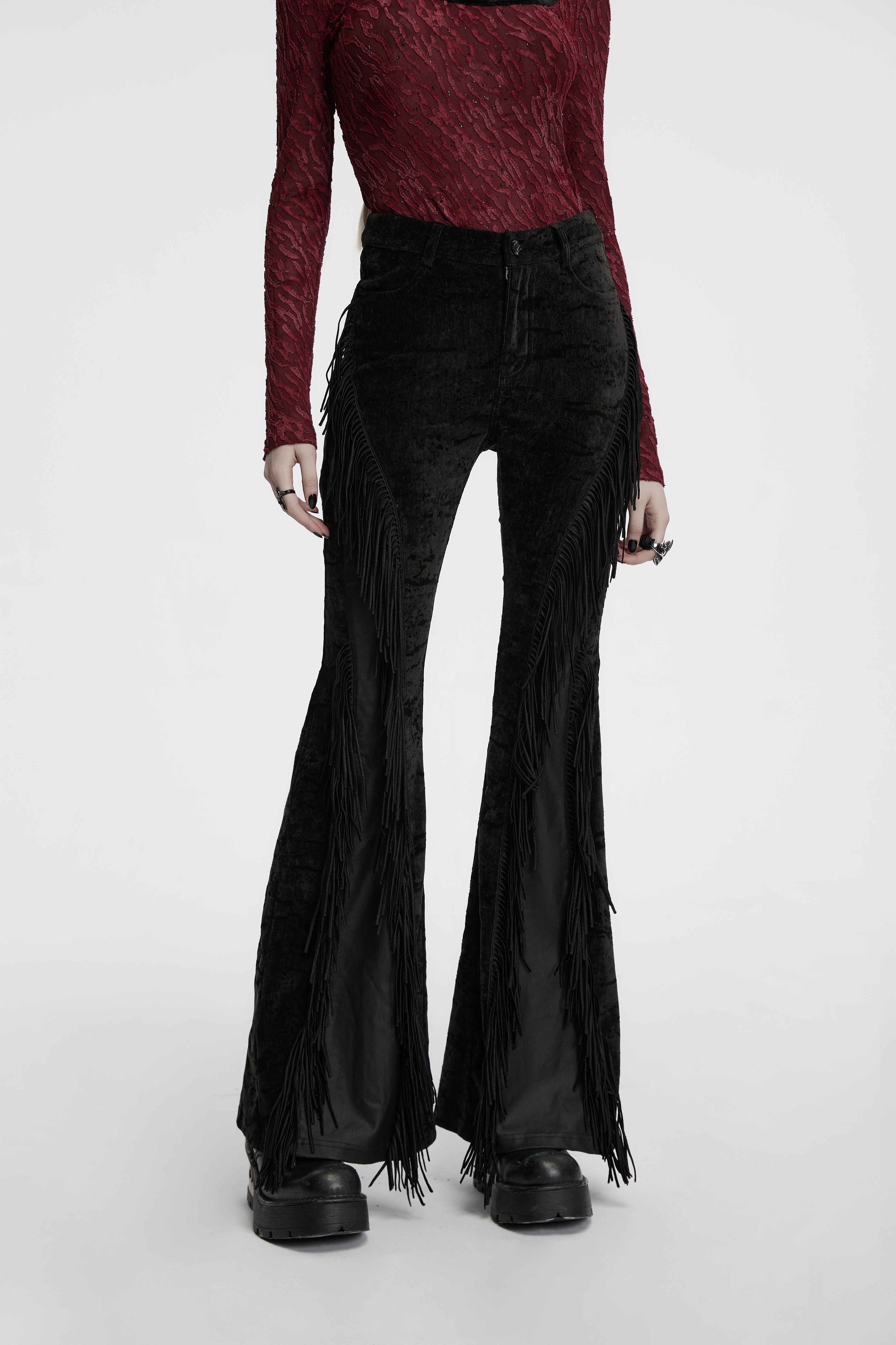 Punk Rave Morrigan Wasteland Tassel Flare Goth Trousers In Black - DevilGothic DevilGothic