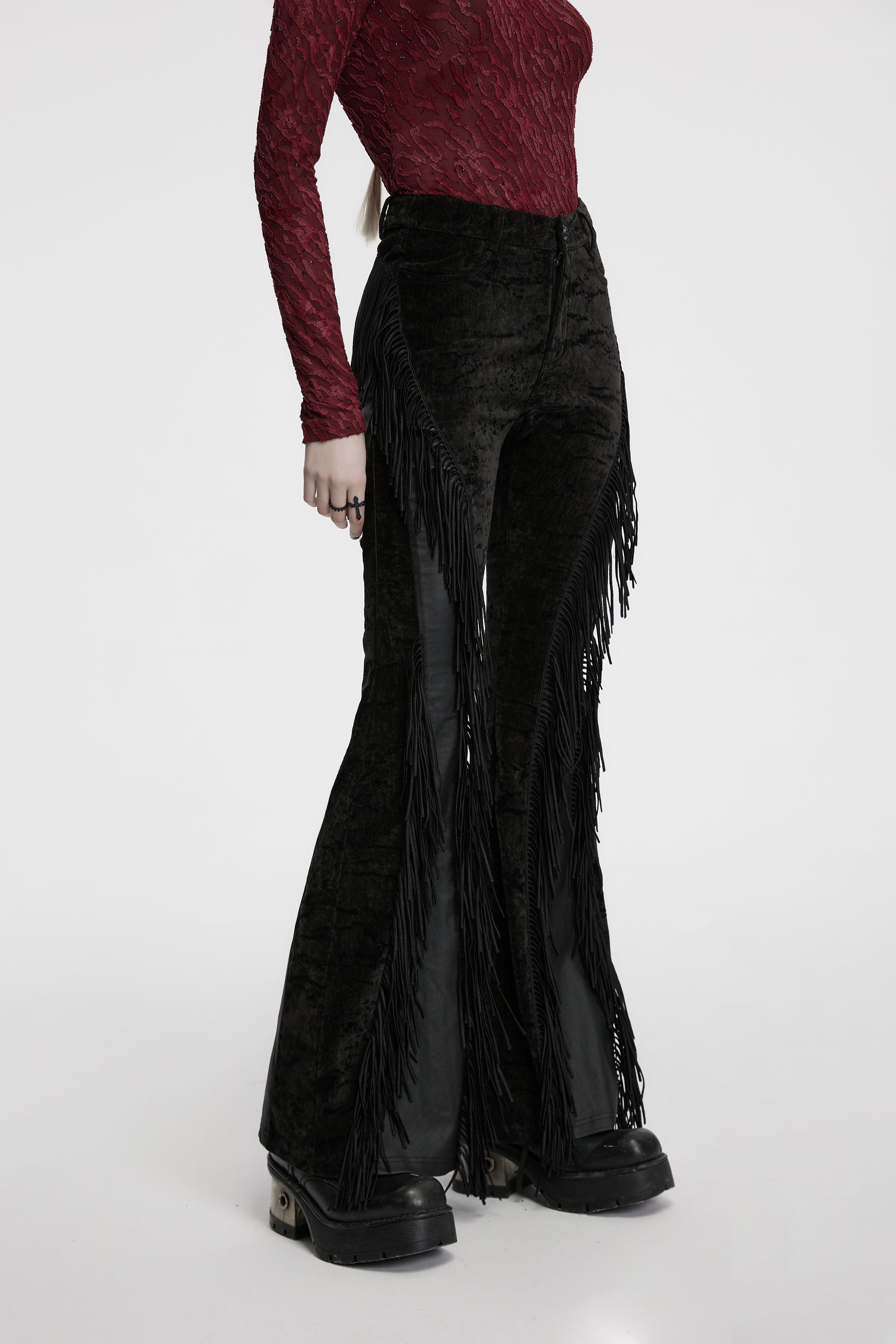 Punk Rave Morrigan Wasteland Tassel Flare Goth Trousers In Black - DevilGothic DevilGothic