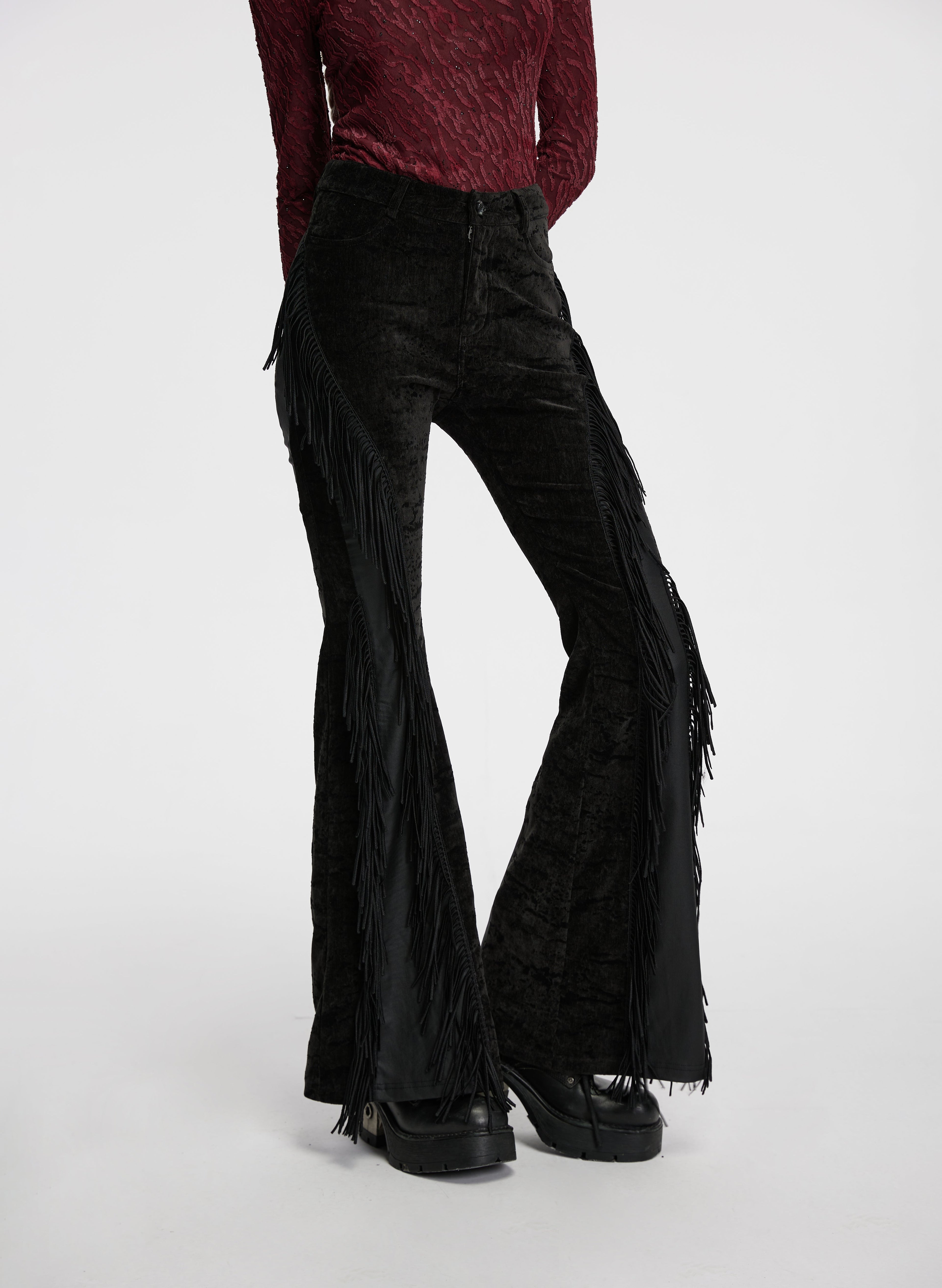 Punk Rave Morrigan Wasteland Tassel Flare Goth Trousers In Black - DevilGothic DevilGothic