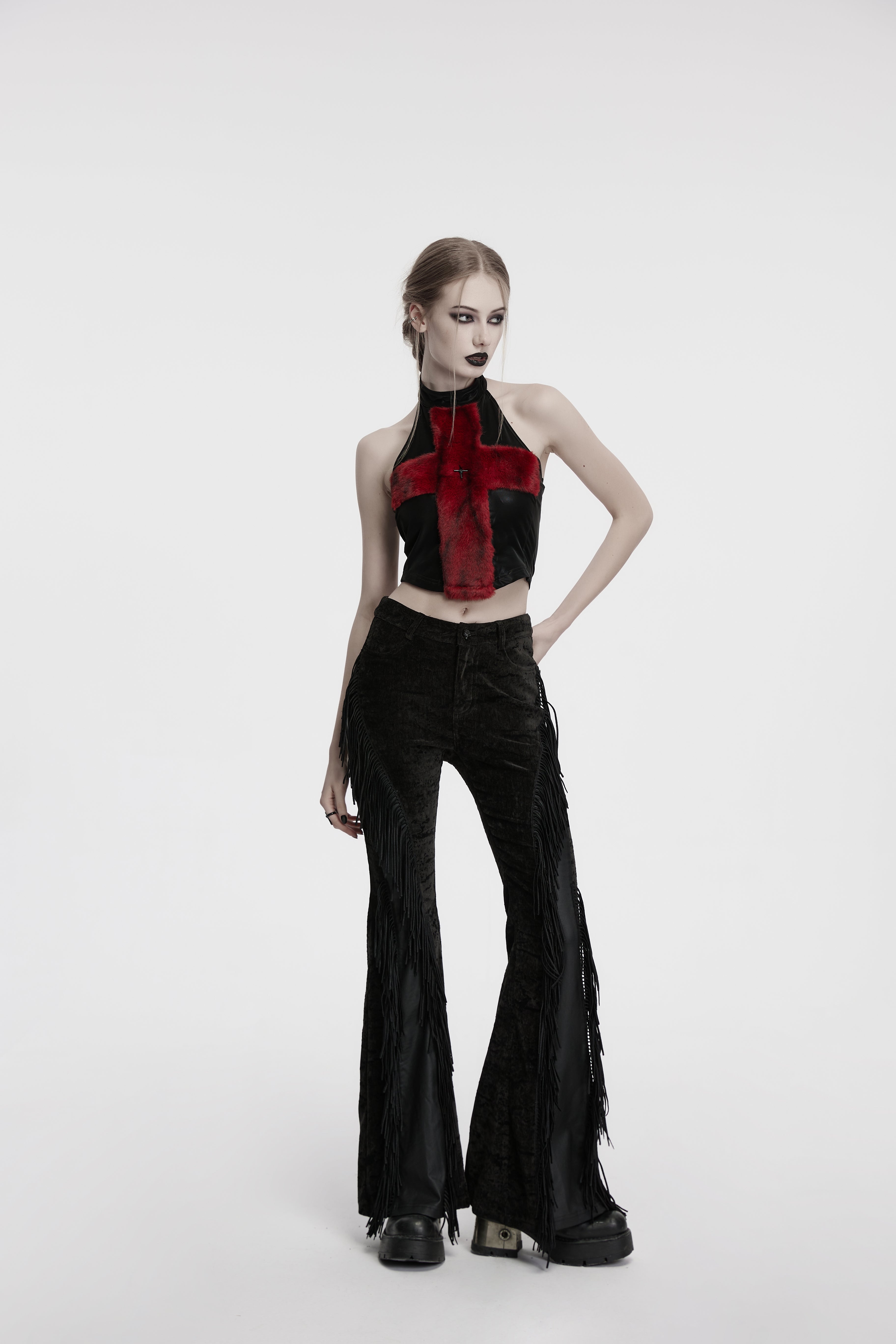 Punk Rave Morrigan Wasteland Tassel Flare Goth Trousers In Black - DevilGothic DevilGothic