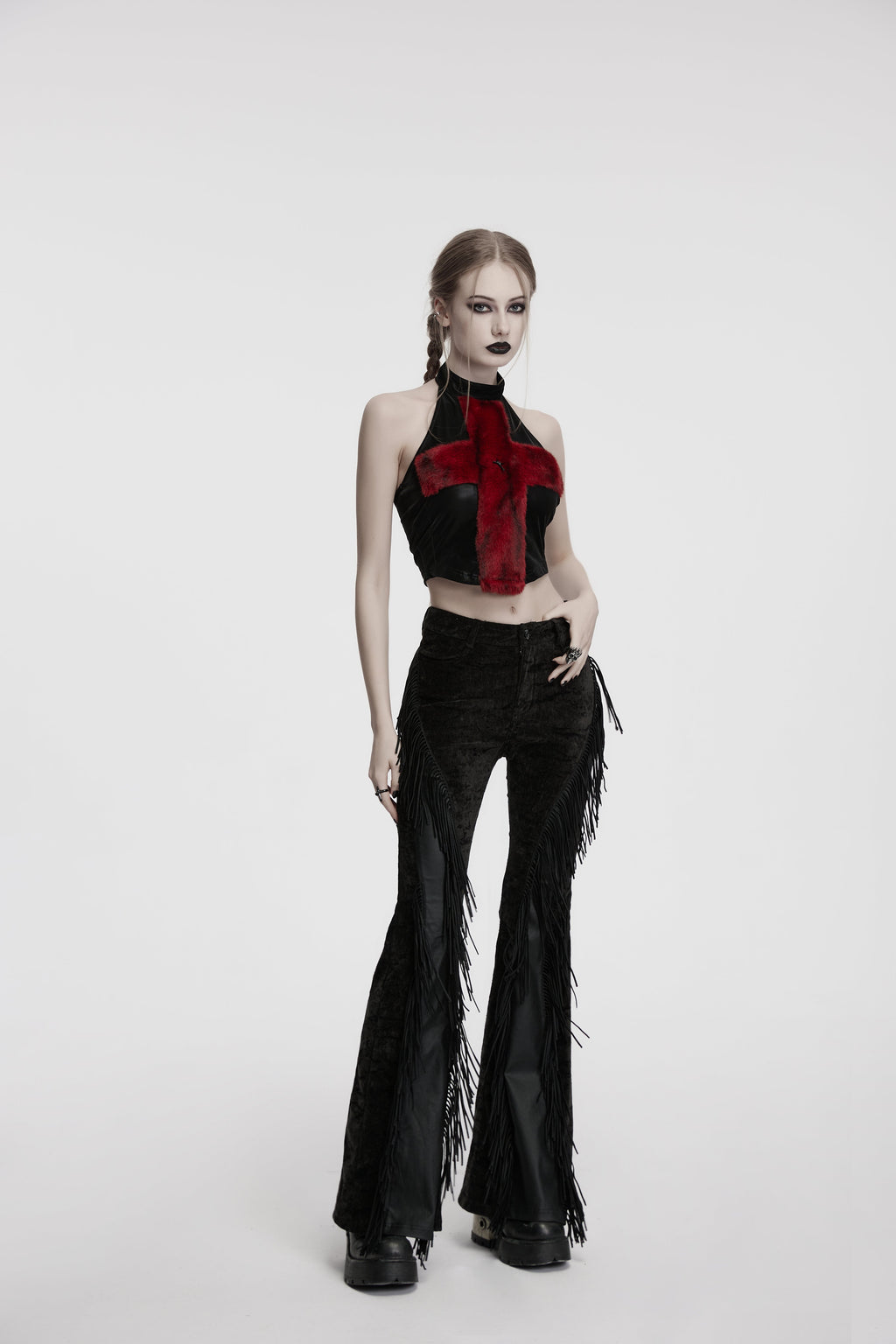 Punk Rave Morrigan Wasteland Tassel Flare Goth Trousers In Black - DevilGothic DevilGothic