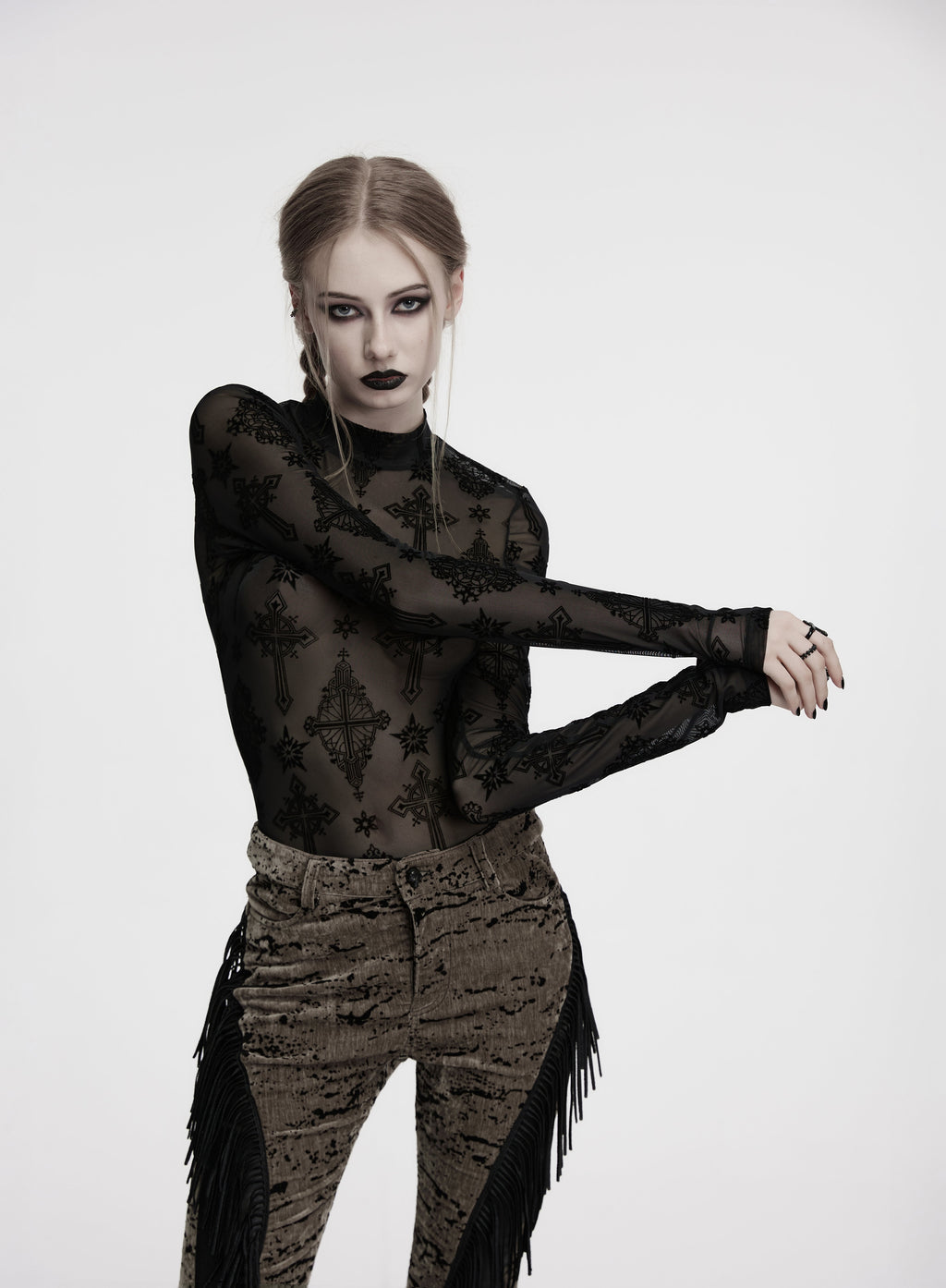 Punk Rave Ravena Cross Flocking Mesh Top - DevilGothic DevilGothic