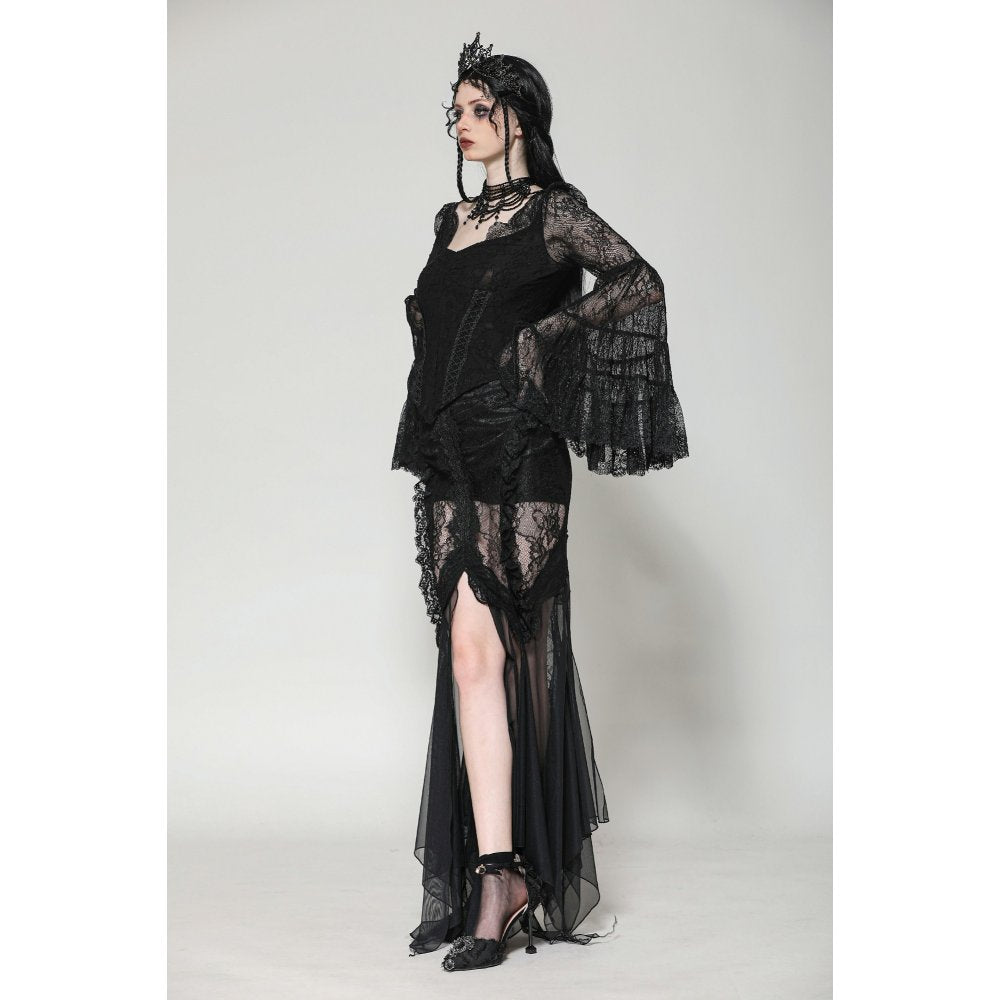 Dark in Love Zuri Gothic Romantic Lace Patchwork Bell-Sleeve Layered Cuff Top - DevilGothic DevilGothic
