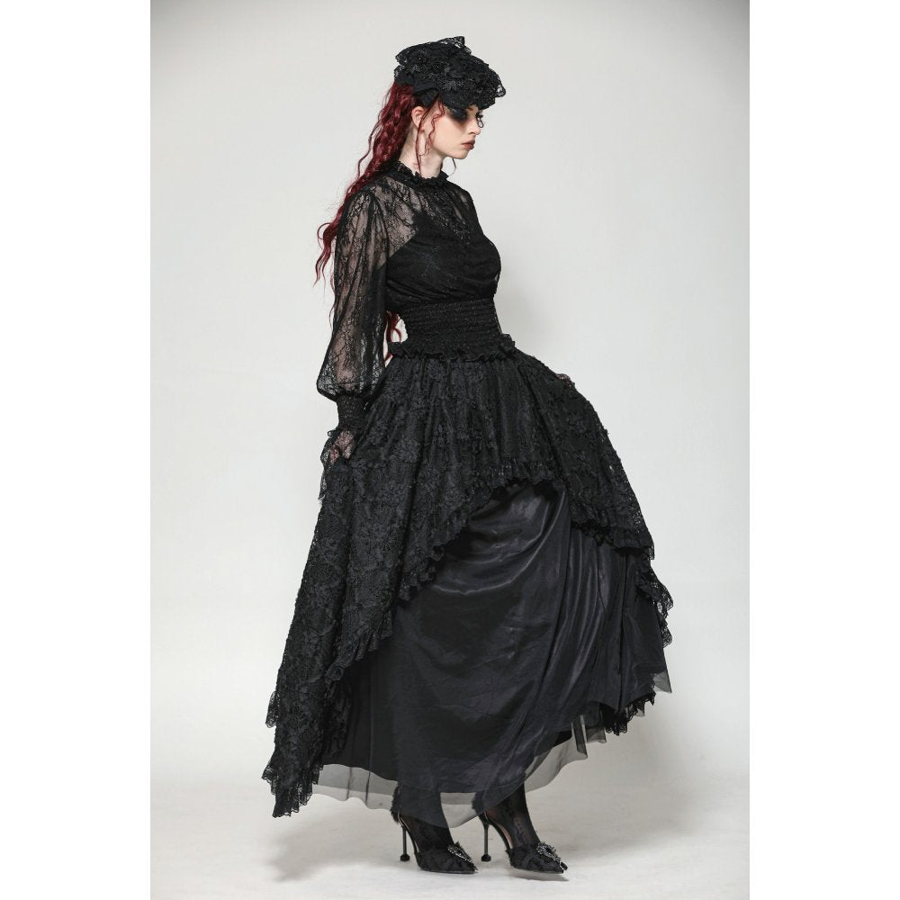 Dark in Love Aoife Black Hollow Lace Elastic Pleated Waist Eyelash Lace Cuff Top - DevilGothic DevilGothic