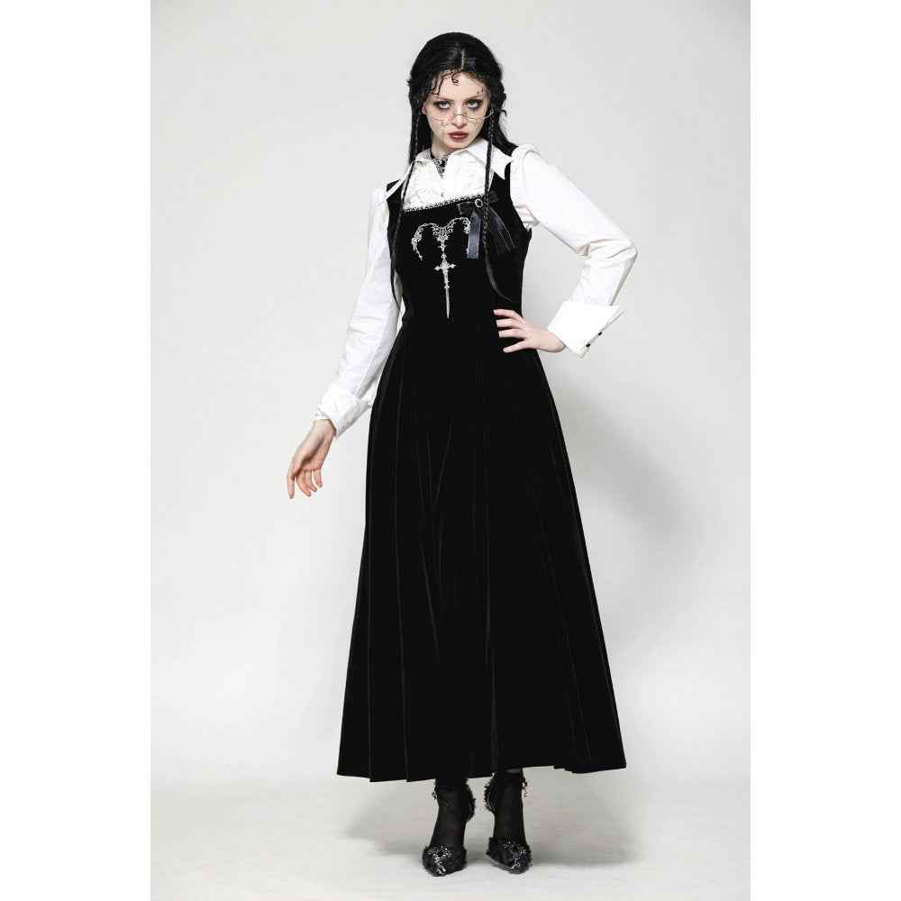 Dark in Love Lux Black Velvet Horn Embroidery Maxi Dress