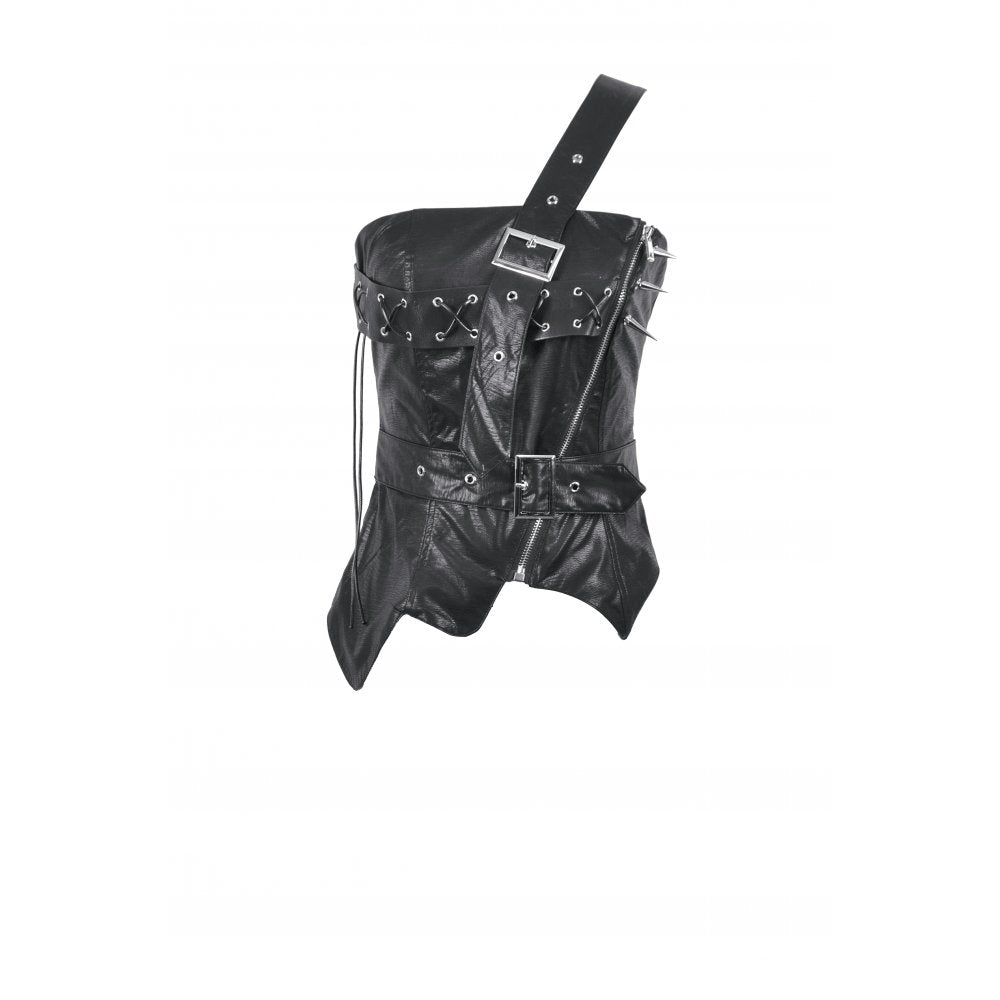 Dark in Love Vespera One-Shoulder Spiked Faux Leather Corset Top - DevilGothic DevilGothic