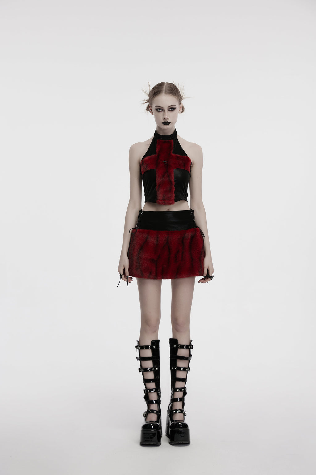 Punk Rave Valora Cross Fur Halter Top In Crimson - DevilGothic DevilGothic