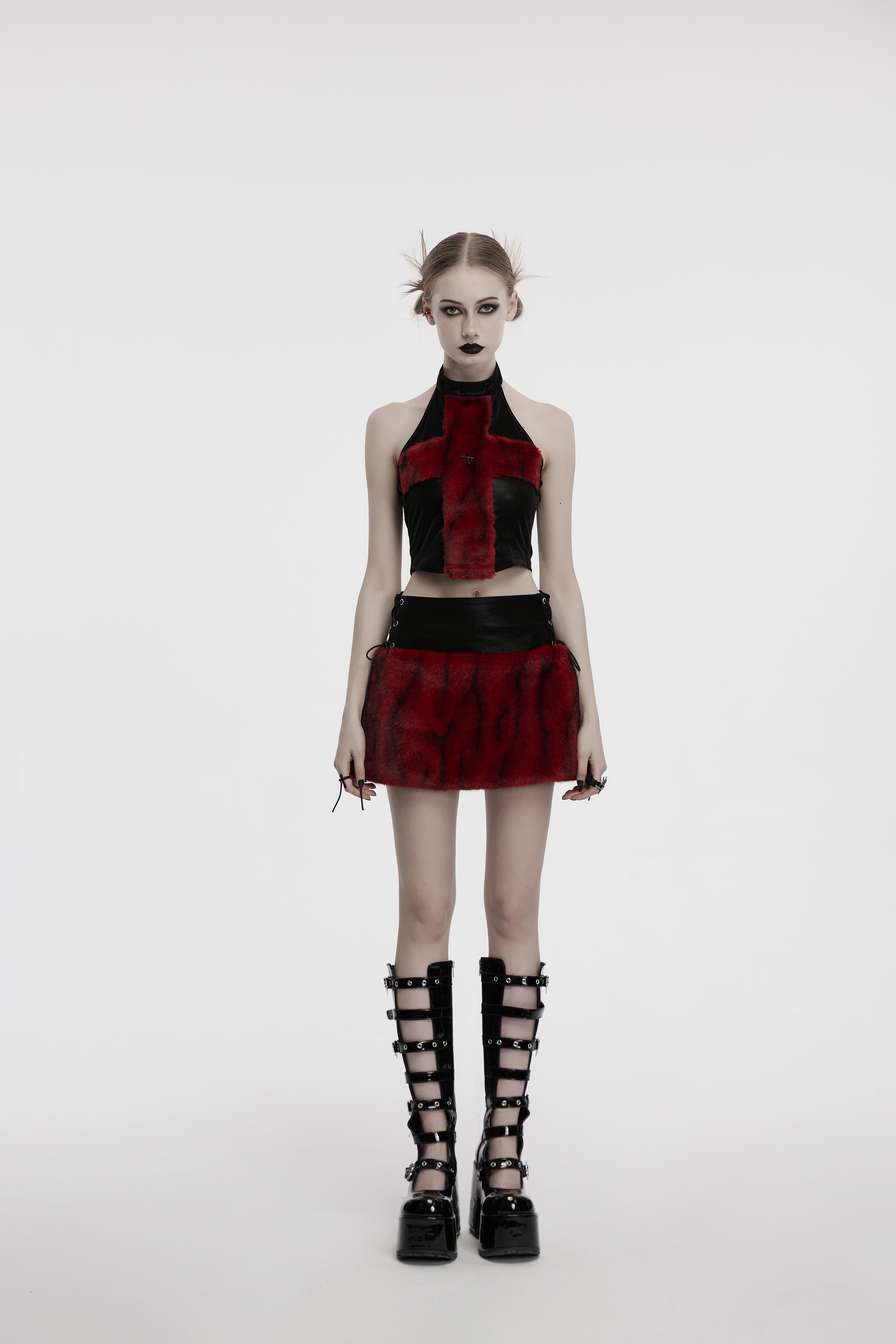 Punk Rave Valora Cross Fur Halter Top In Crimson - DevilGothic DevilGothic