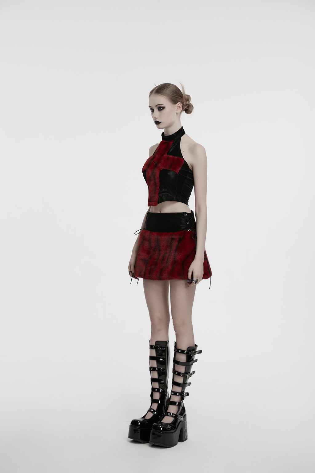 Punk Rave Valora Cross Fur Halter Top In Crimson - DevilGothic DevilGothic