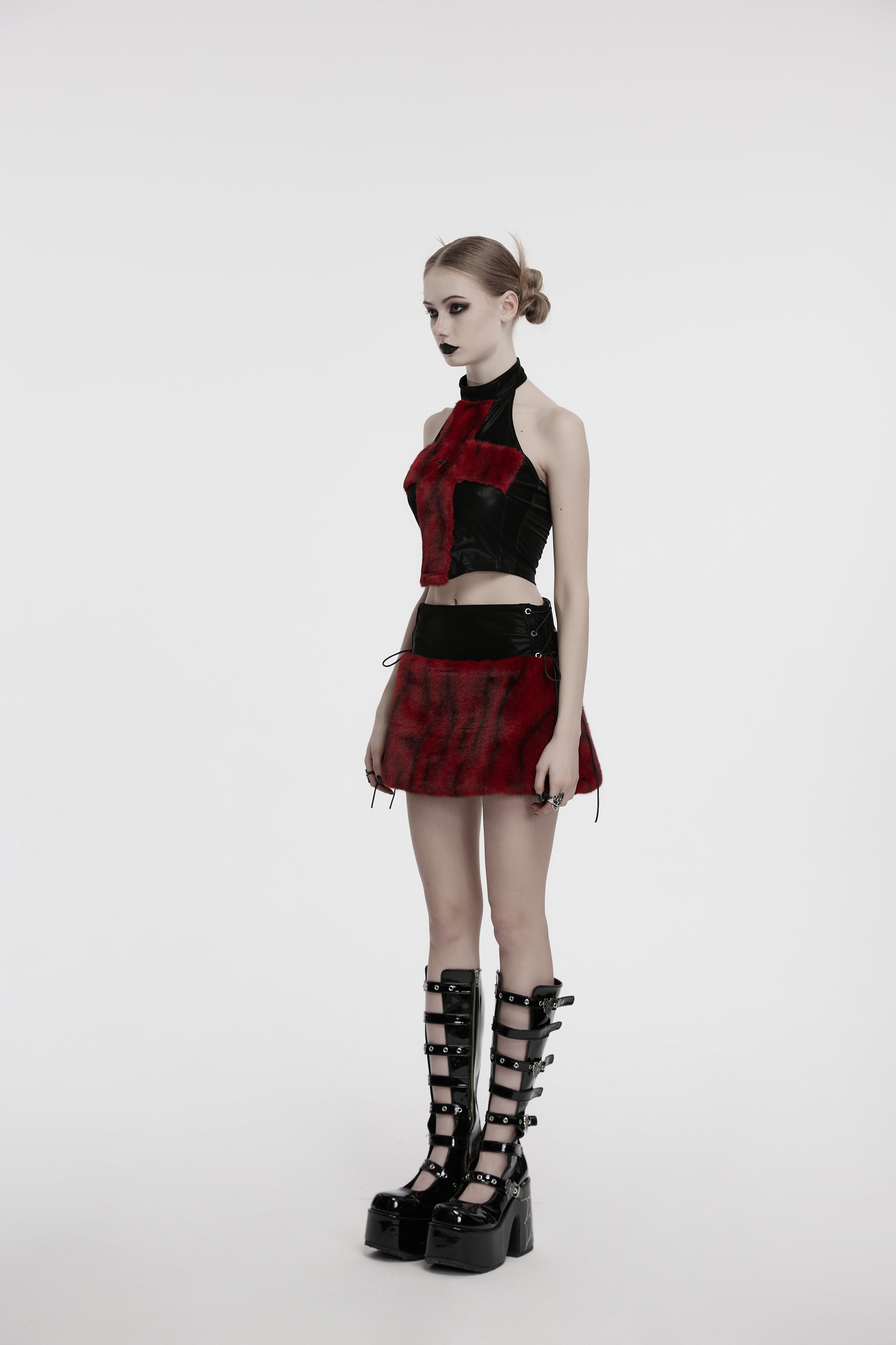 Punk Rave Valora Cross Fur Halter Top In Crimson - DevilGothic DevilGothic