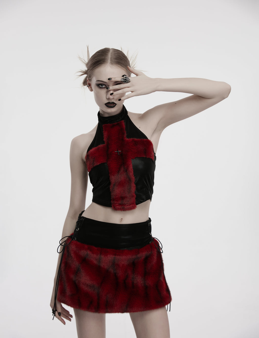 Punk Rave Valora Cross Fur Halter Top In Crimson - DevilGothic DevilGothic