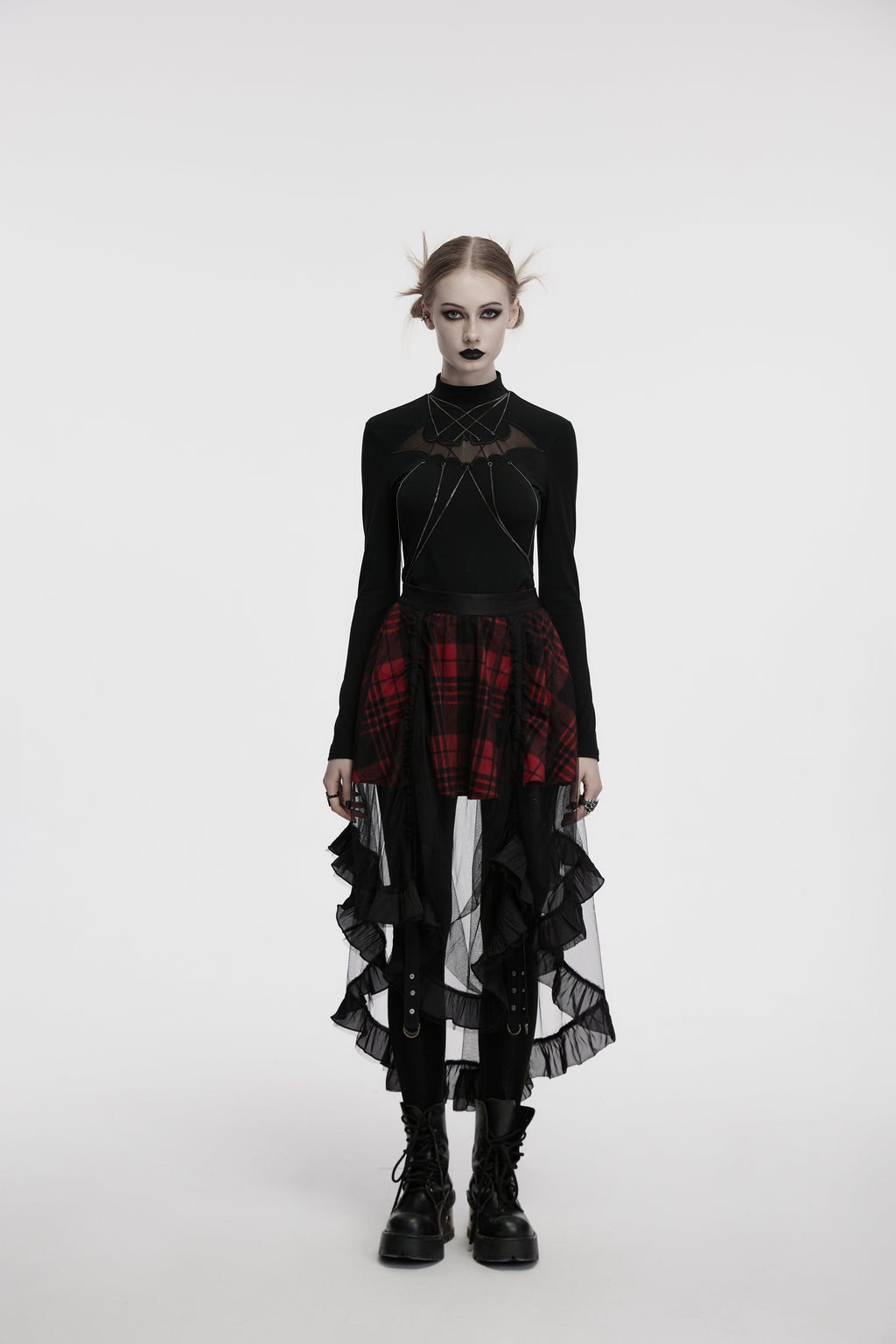 Punk Rave Morrigan Mesh Plaid High-Low Skirt - DevilGothic DevilGothic