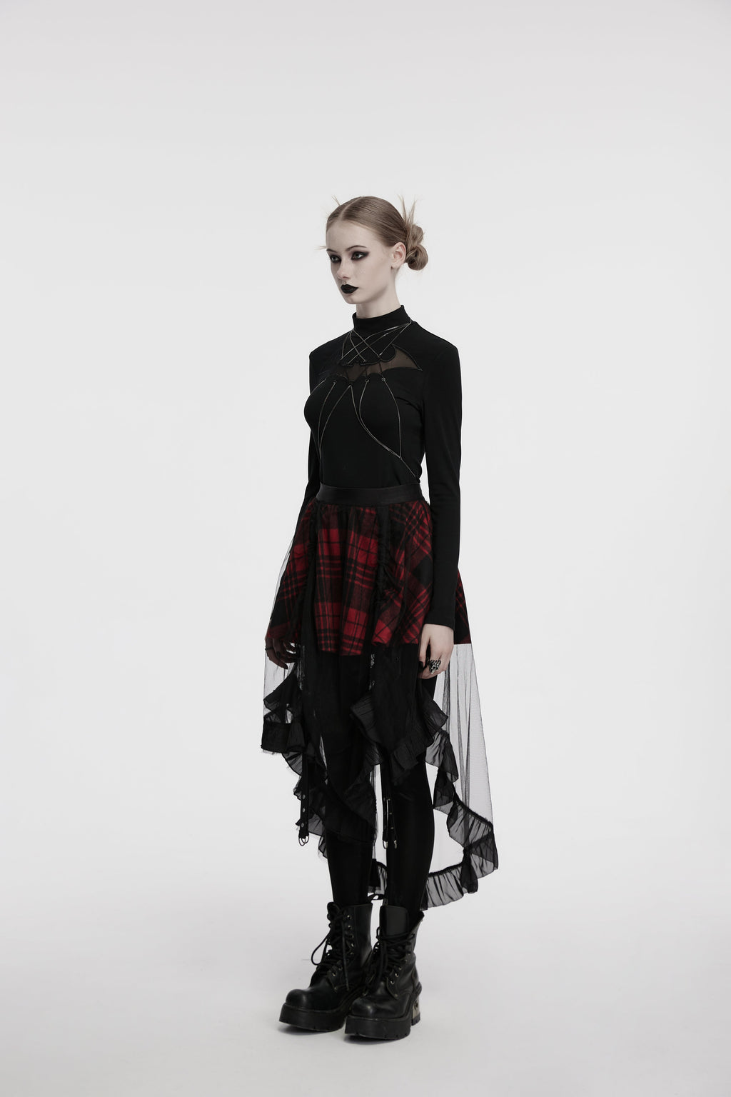 Punk Rave Morrigan Mesh Plaid High-Low Skirt - DevilGothic DevilGothic