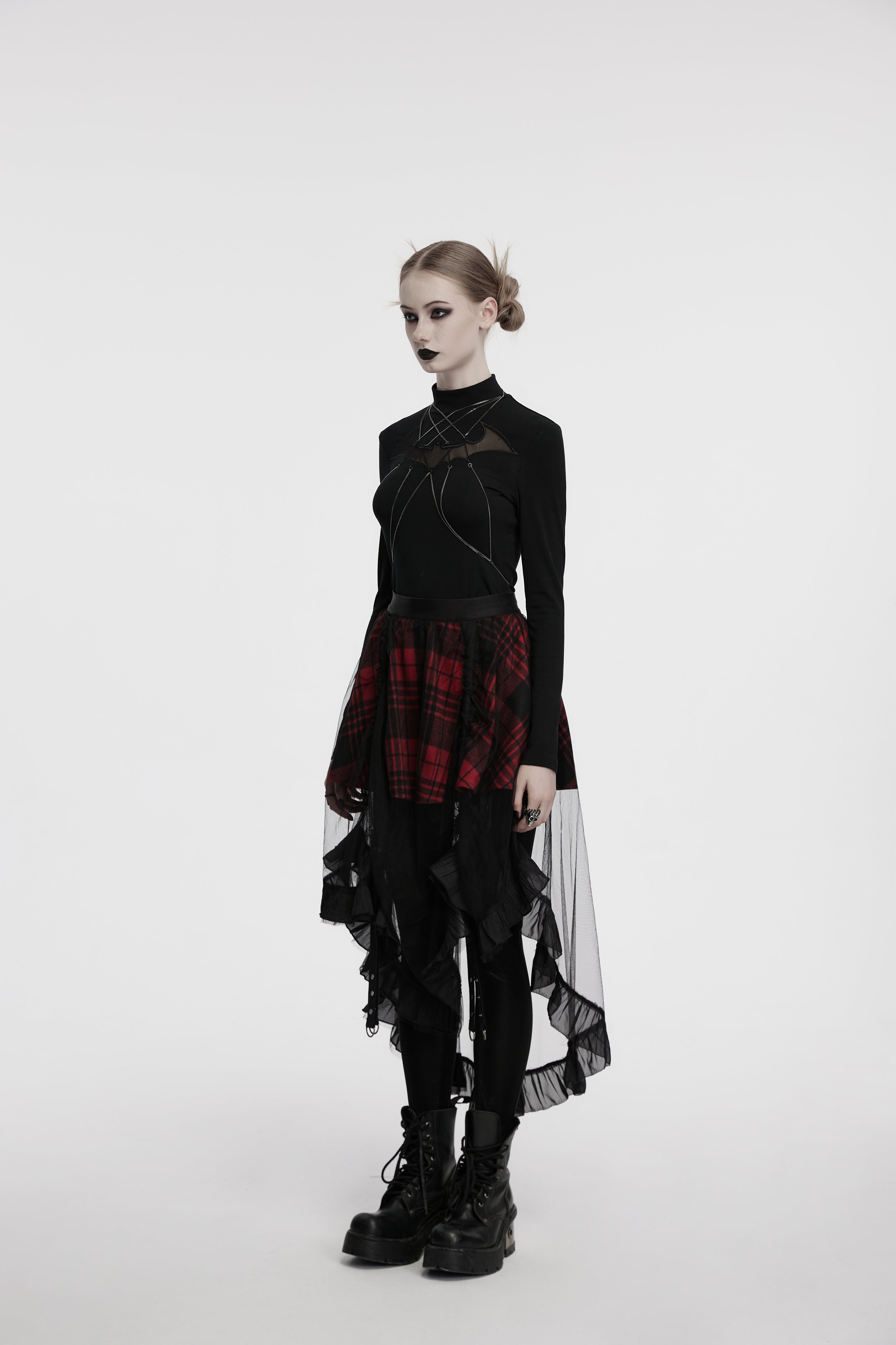 Punk Rave Morrigan Mesh Plaid High-Low Skirt - DevilGothic DevilGothic