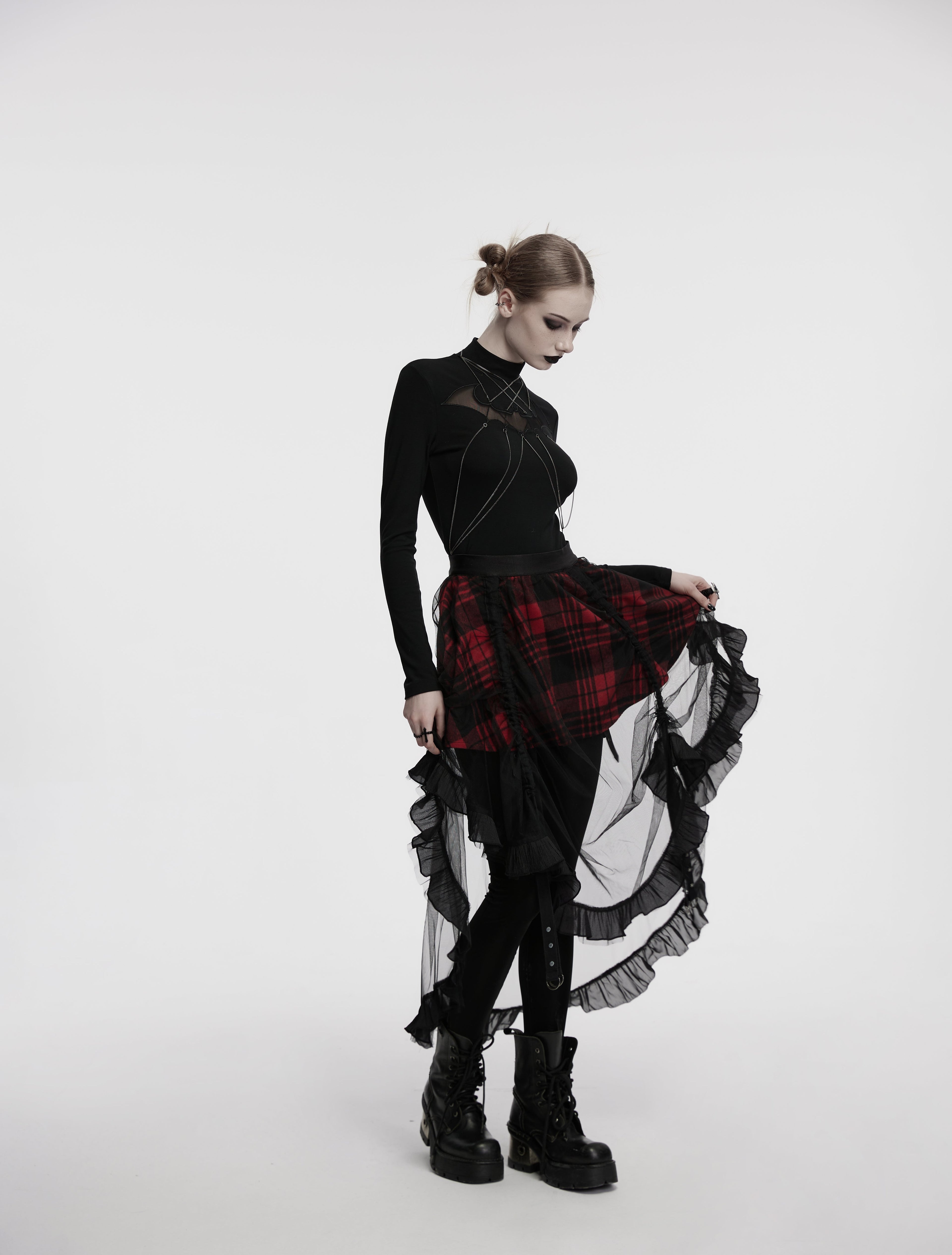 Punk Rave Morrigan Mesh Plaid High-Low Skirt - DevilGothic DevilGothic
