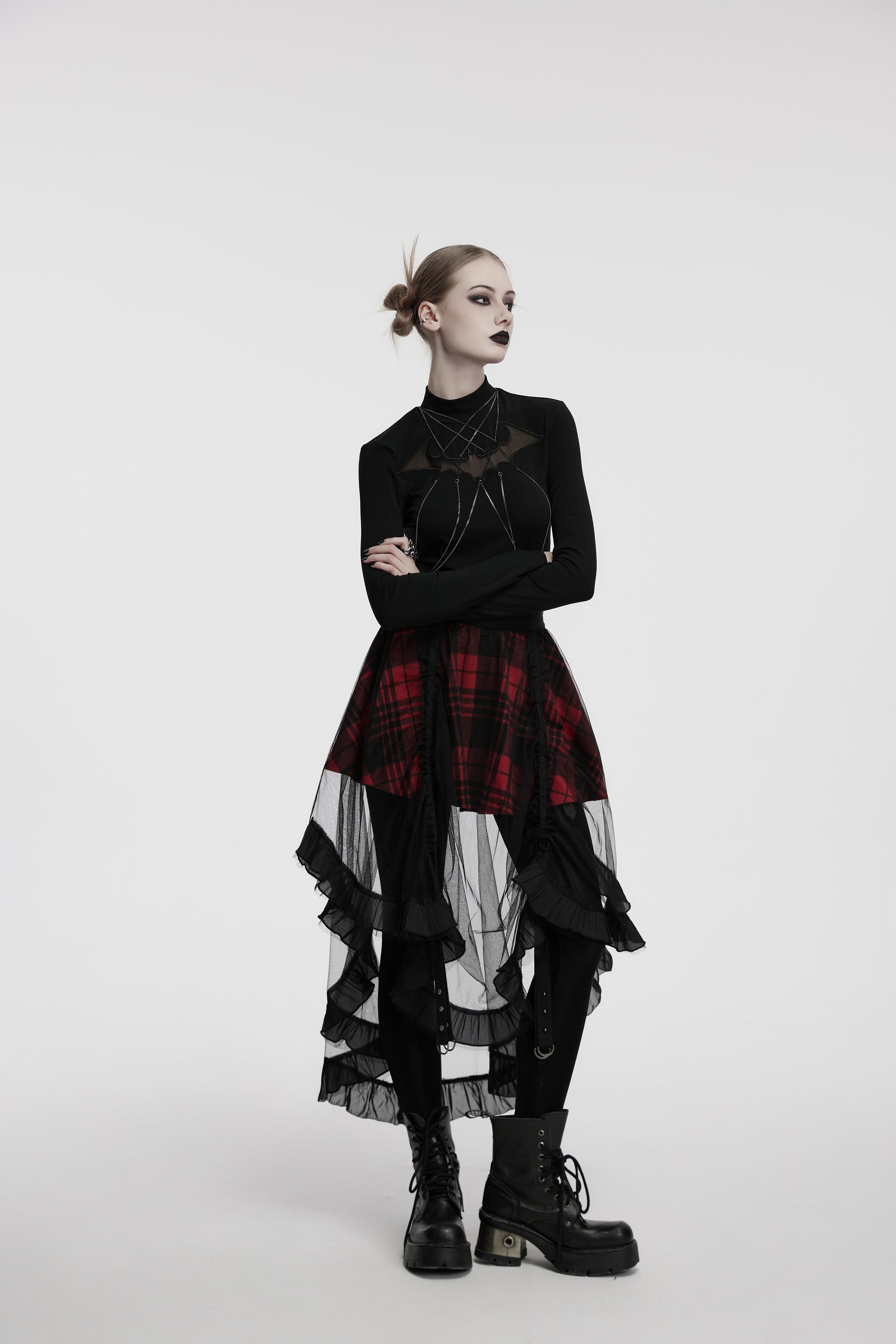 Punk Rave Morrigan Mesh Plaid High-Low Skirt - DevilGothic DevilGothic