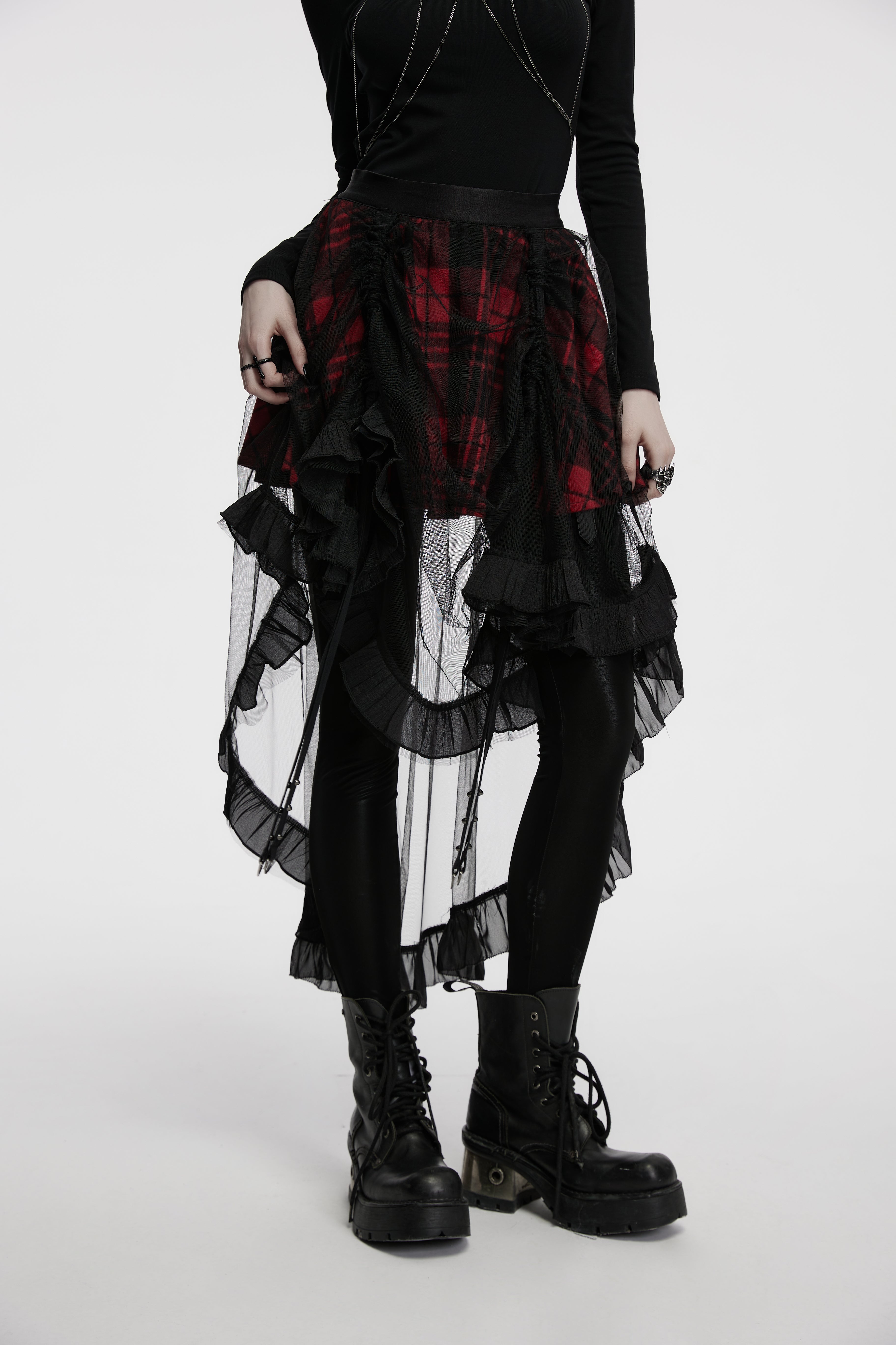 Punk Rave Morrigan Mesh Plaid High-Low Skirt - DevilGothic DevilGothic