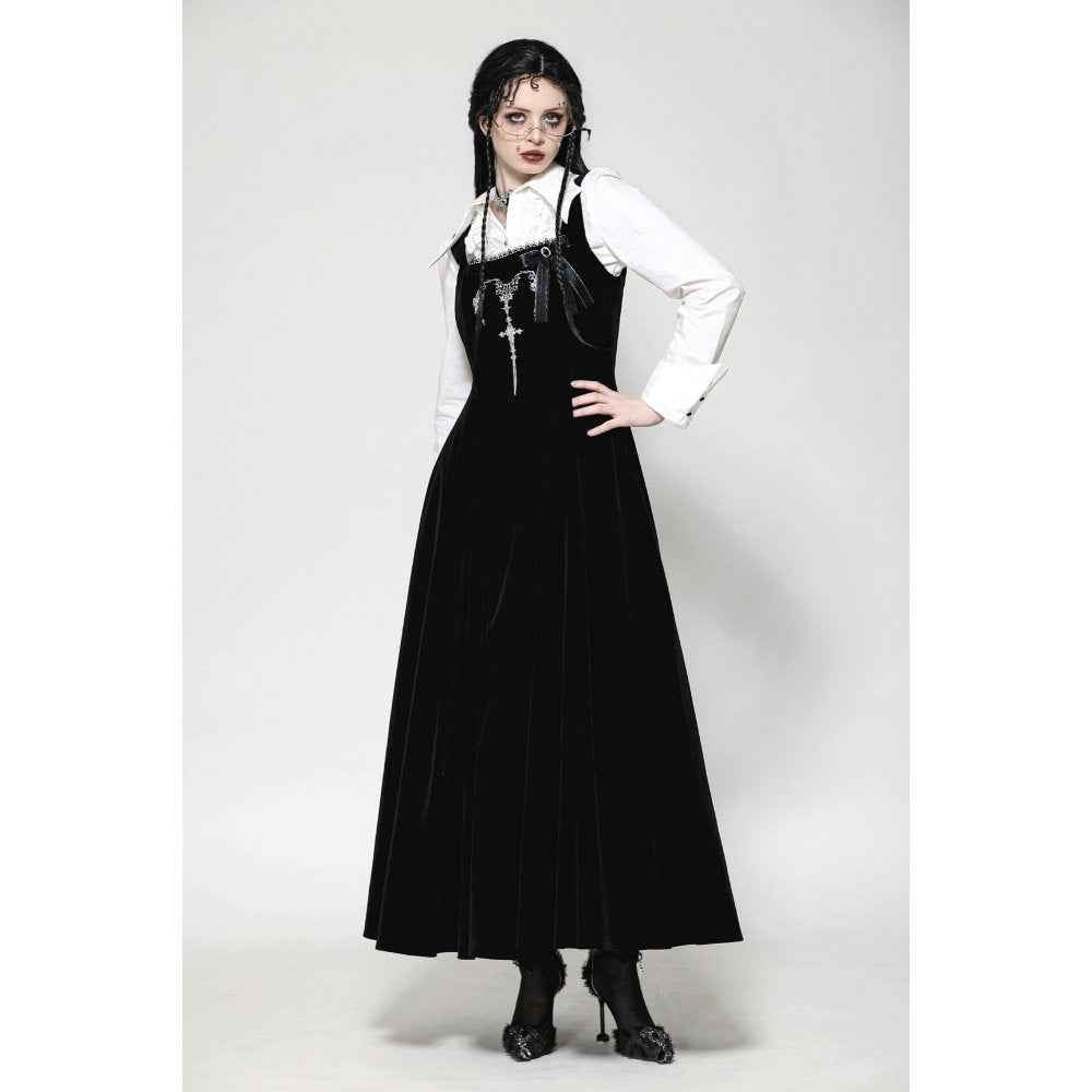 Dark in Love Lux Black Velvet Horn Embroidery Maxi Dress